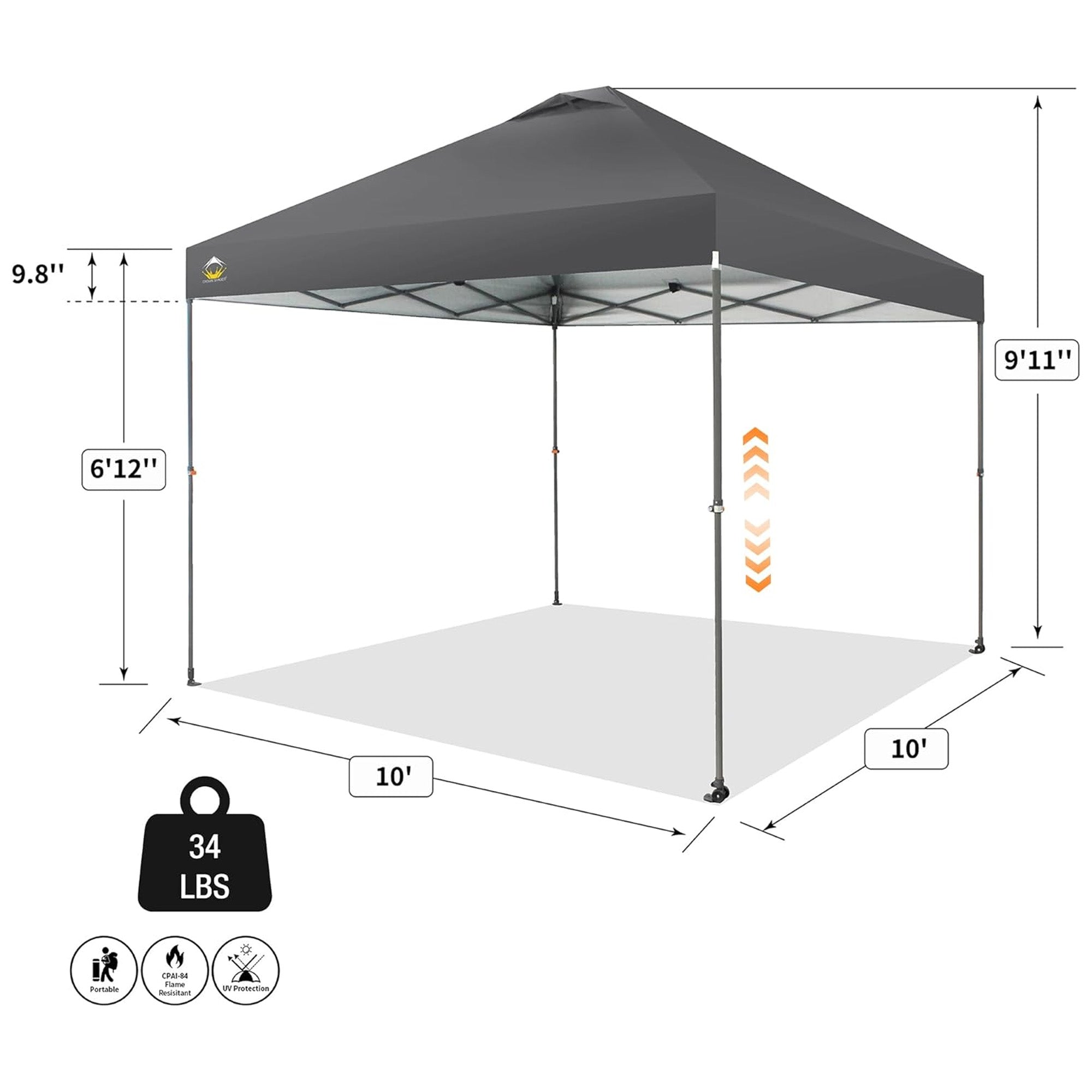 Crown Shades Pop Up Canopy 10x10' Adjustable Tent w/One Push Setup, Grey (Used) - VMInnovations