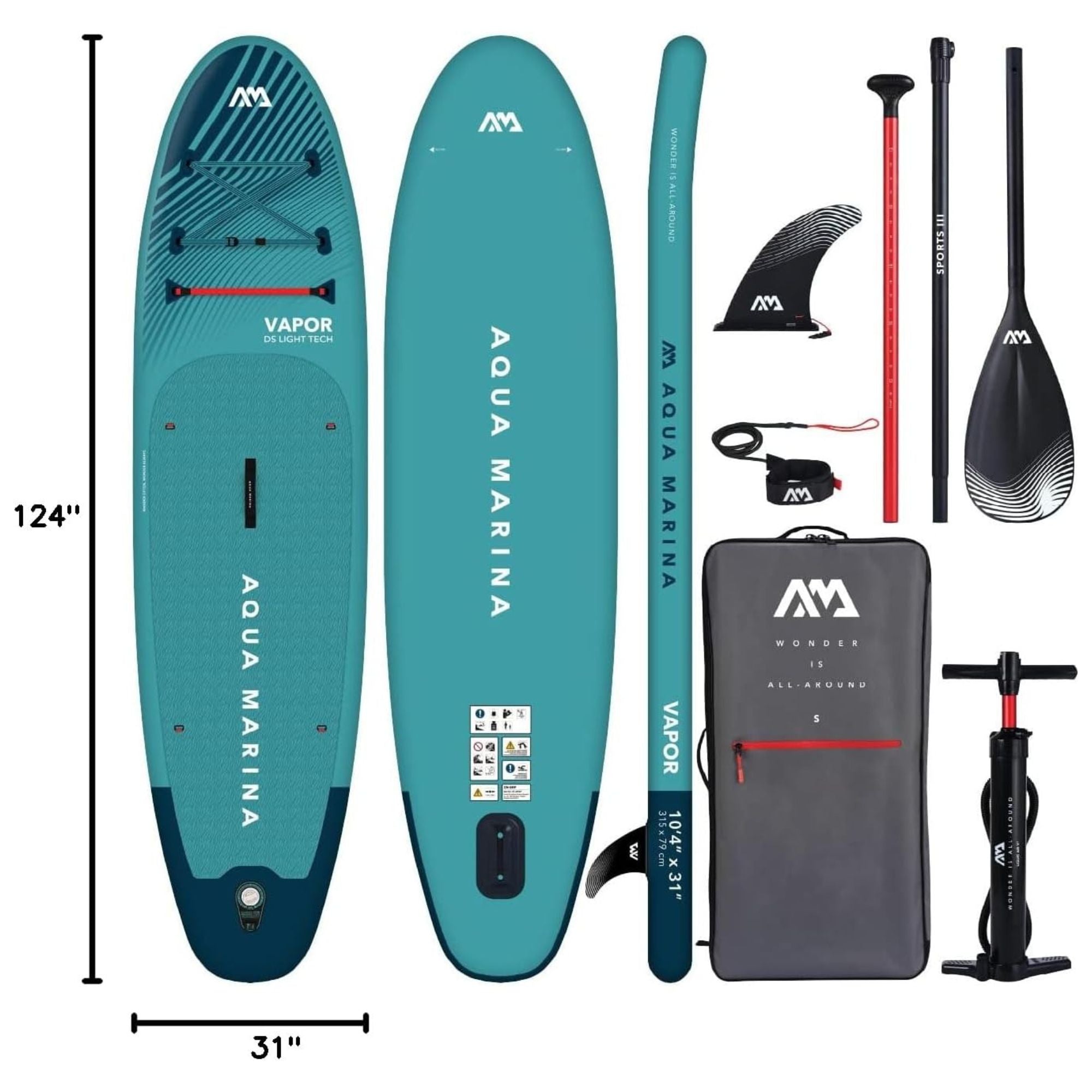 Aqua Marina Vapor Inflatable Paddle Board, Pump, Backpack, Leash, Light Blue - VMInnovations