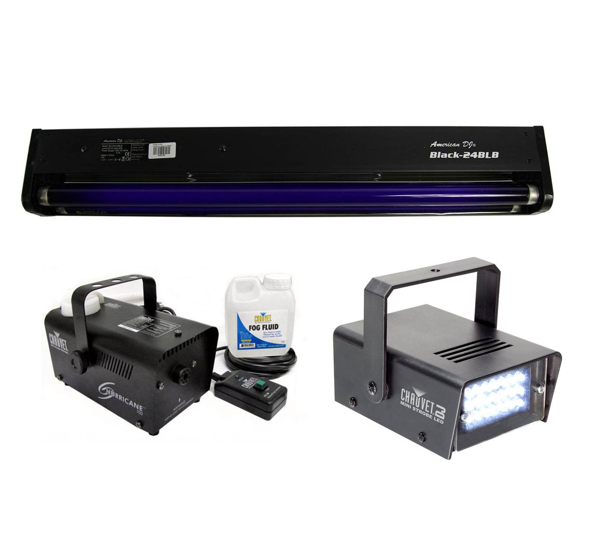 AMERICAN DJ BLACK-24BLB 24" UV Blacklight + CHAUVET Strobe Light + Fog Machine