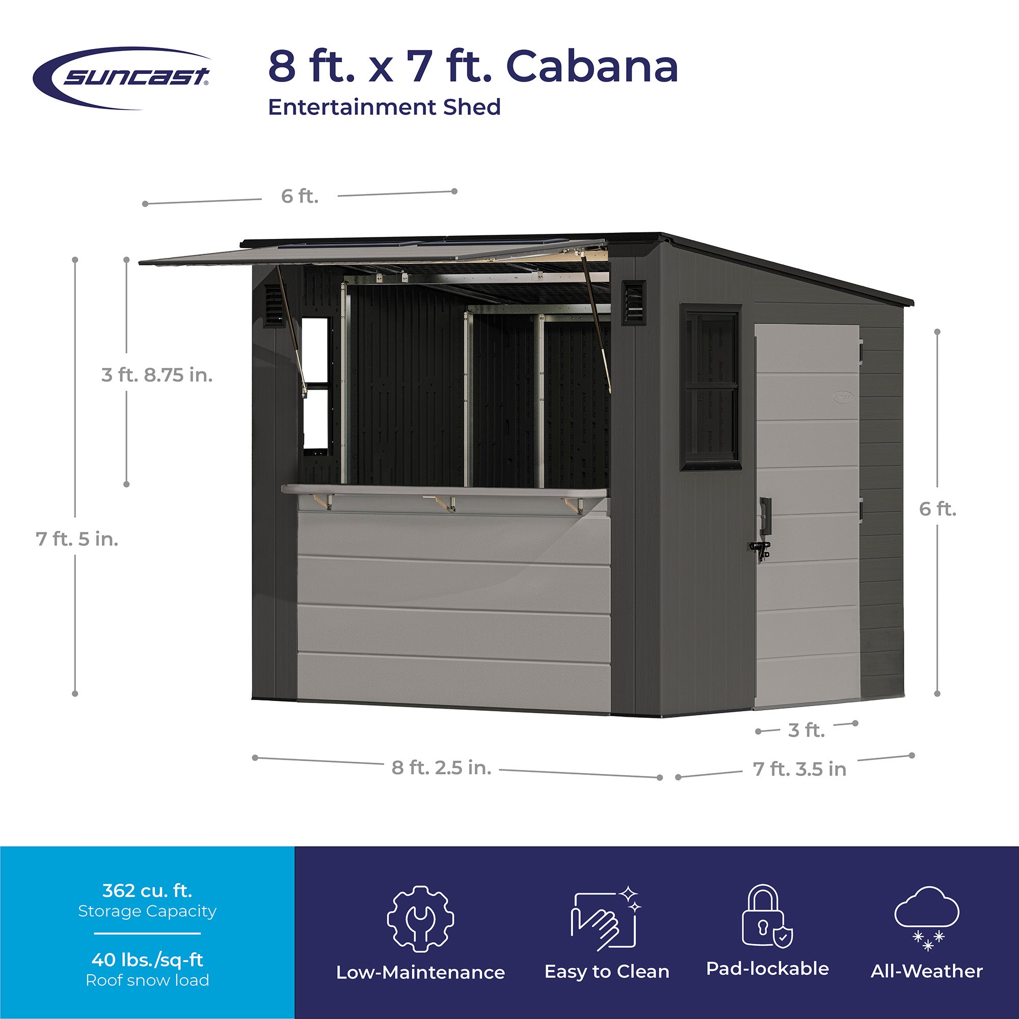 Suncast 8' x 7' Cabana Entertainment Storage Shed, All-Weather Shelter, Gray