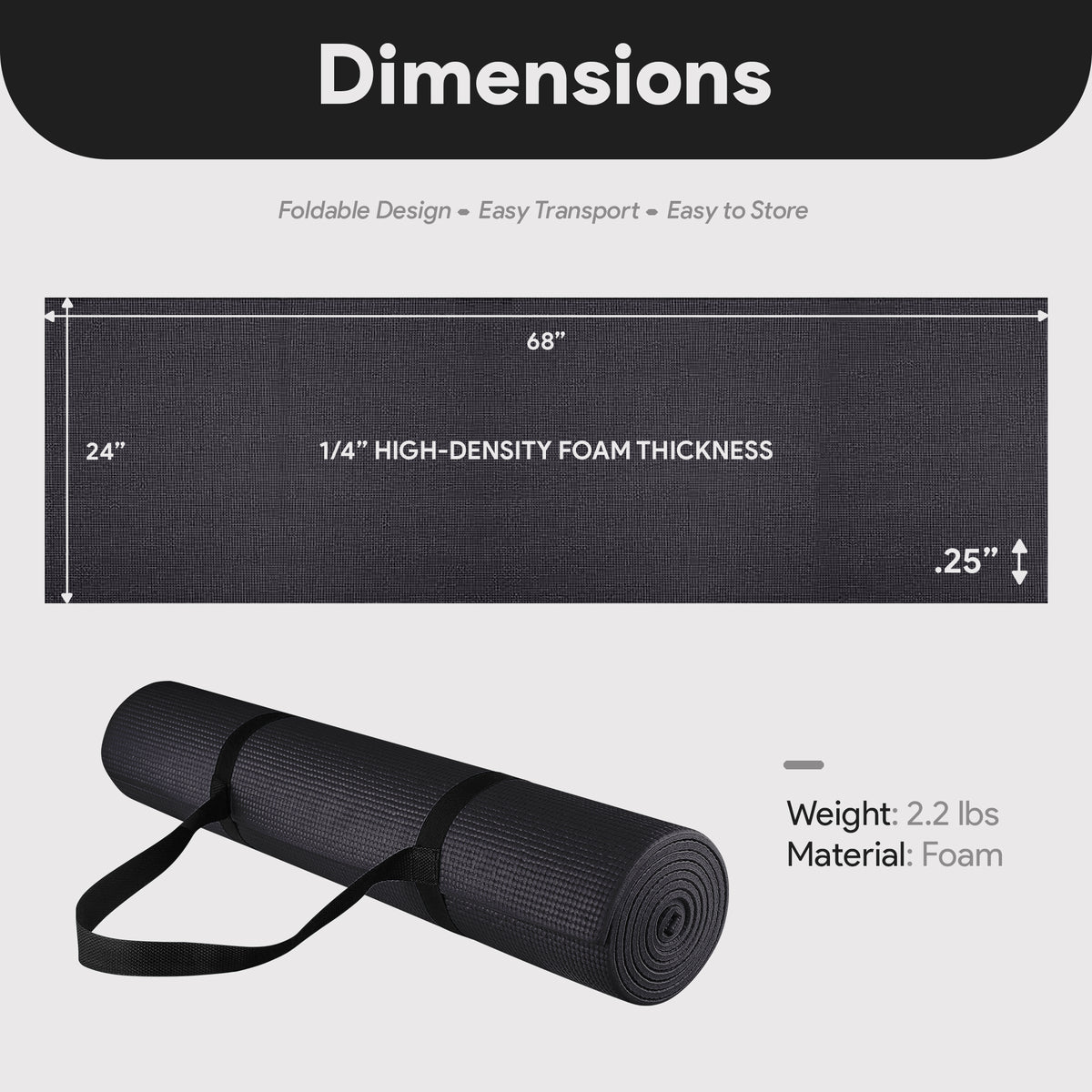 Fitvids 1/4” High Density Thick Non Slip Yoga Mat & Carry Strap, Black (Used)