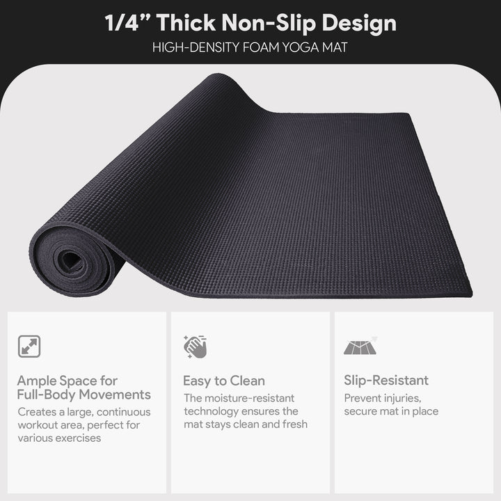 Fitvids 1/4” High Density Thick Non Slip Workout Yoga Mat and Carry Strap, Black - VMInnovations