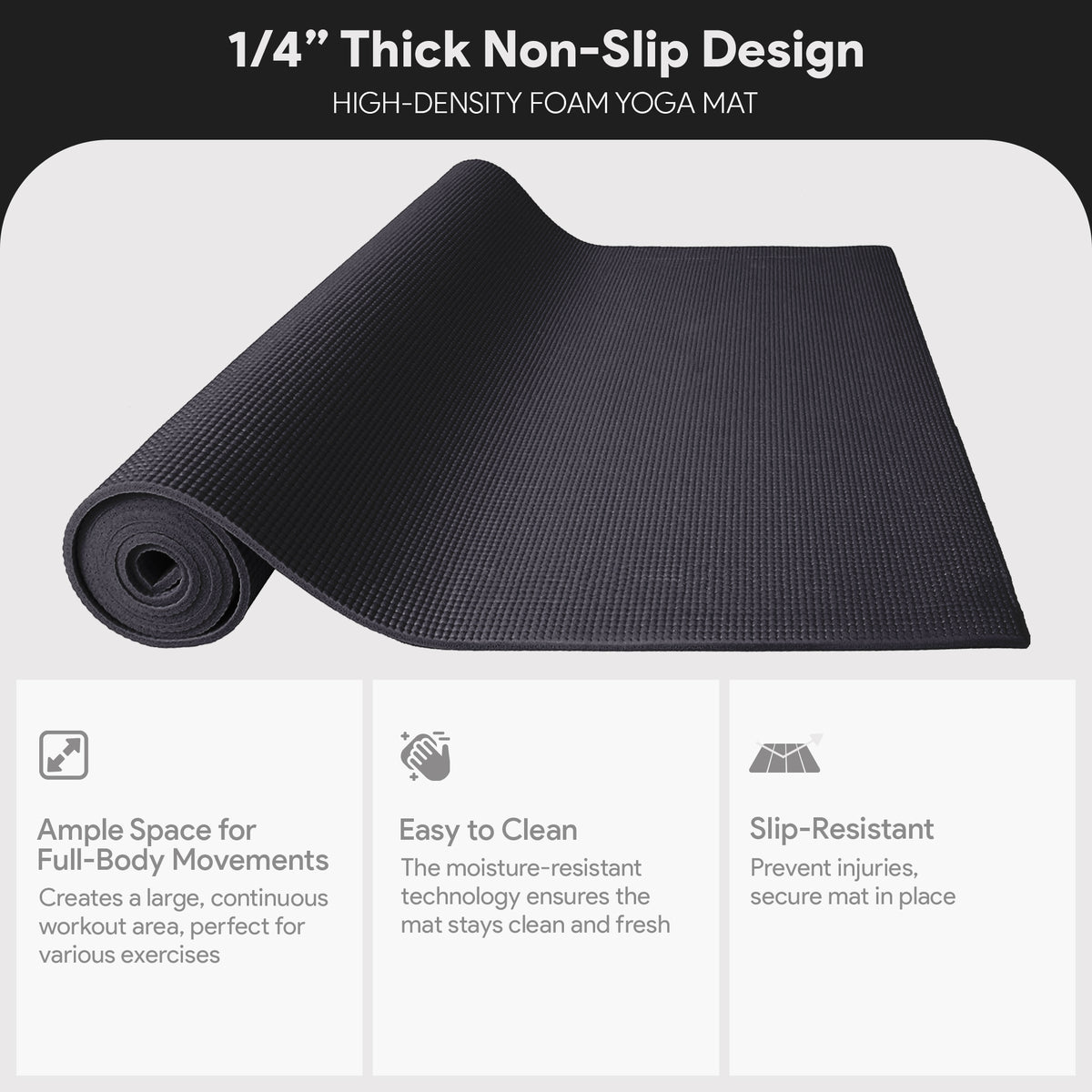 Fitvids 1/4” High Density Thick Non Slip Yoga Mat & Carry Strap, Black (Used)