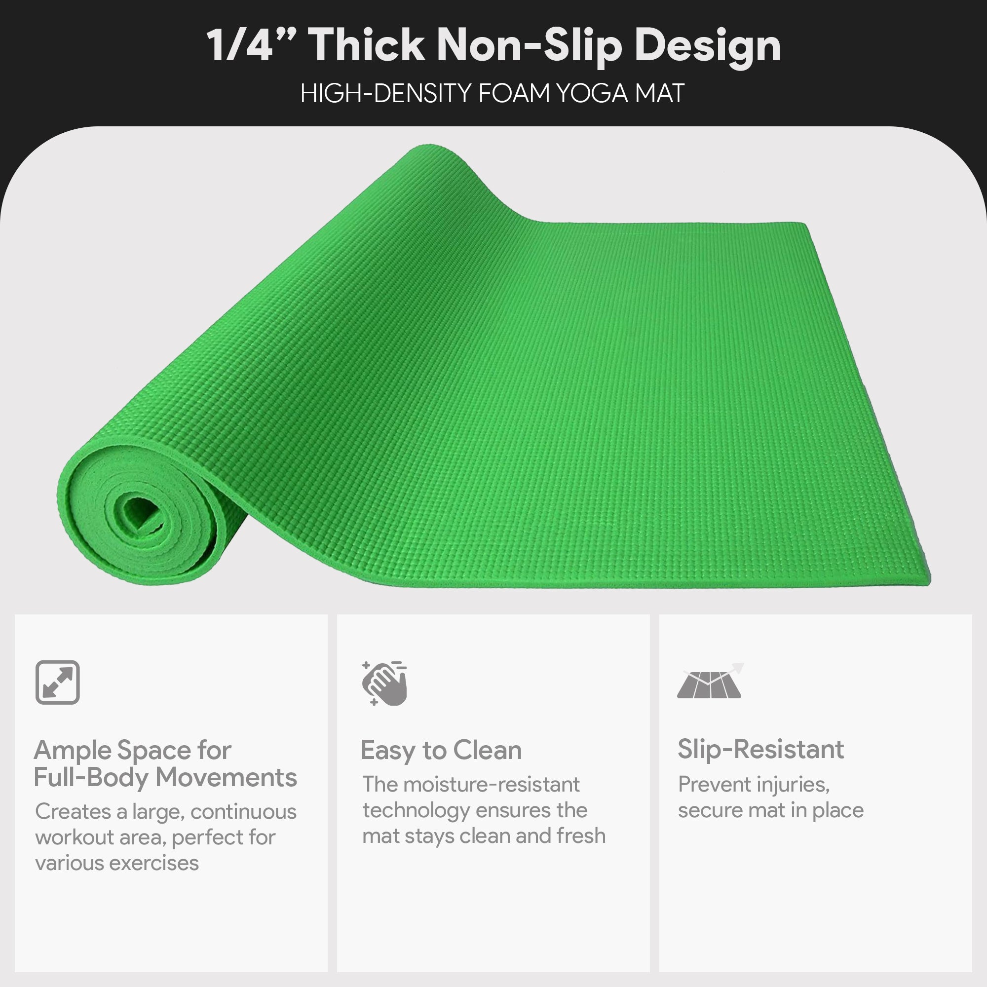 Fitvids 1/4” High Density Thick Non Slip Workout Yoga Mat and Carry Strap, Green - VMInnovations