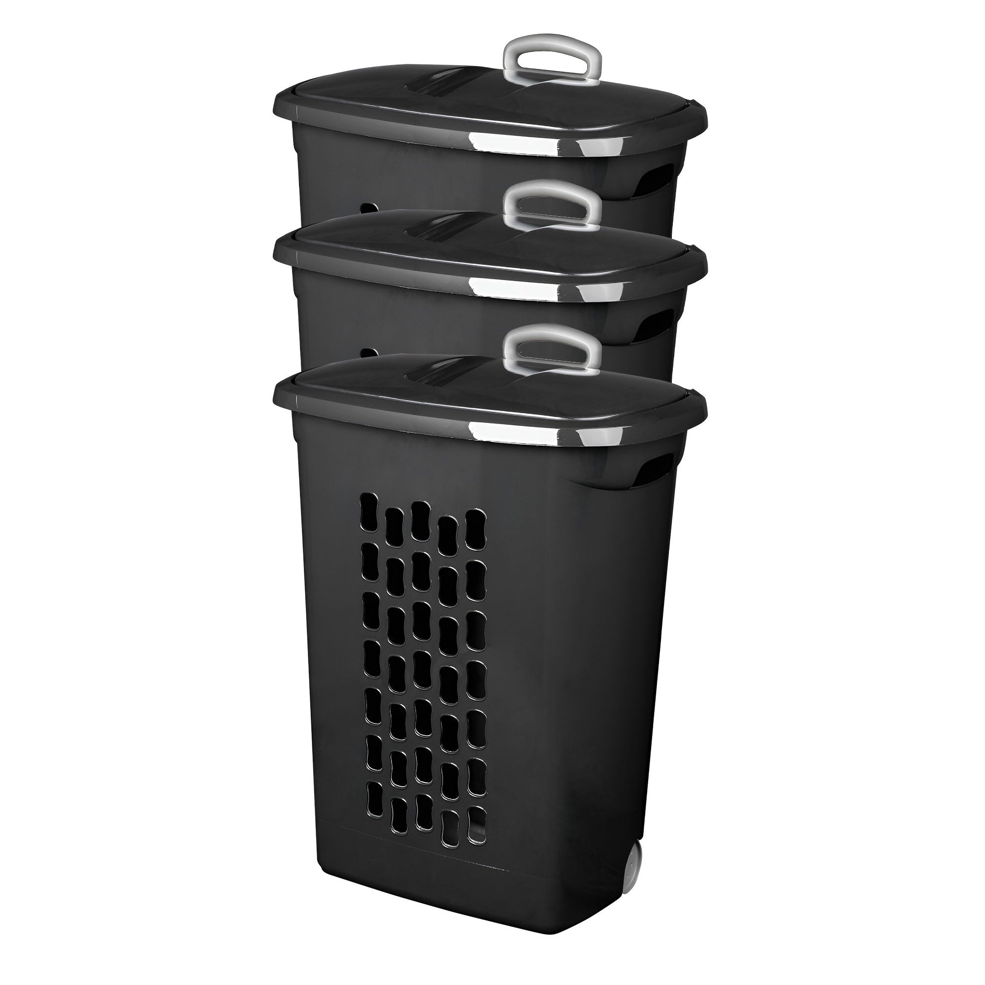Sterilite Ultra Wheeled Laundry Hamper, Plastic Clothes Bin, Black, 3 Pack - VMInnovations