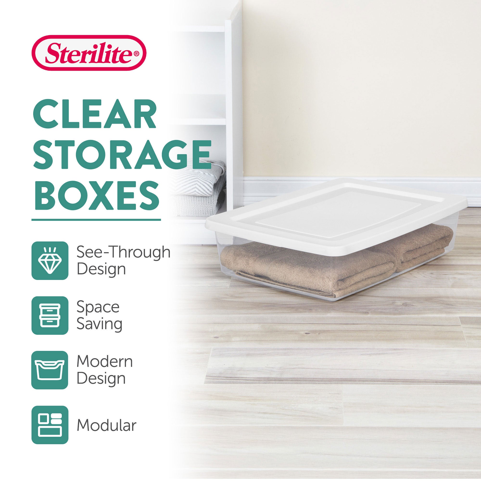 Sterilite 28 Qt Storage Box, Stackable Plastic Container Home Organizer, 30 Pack