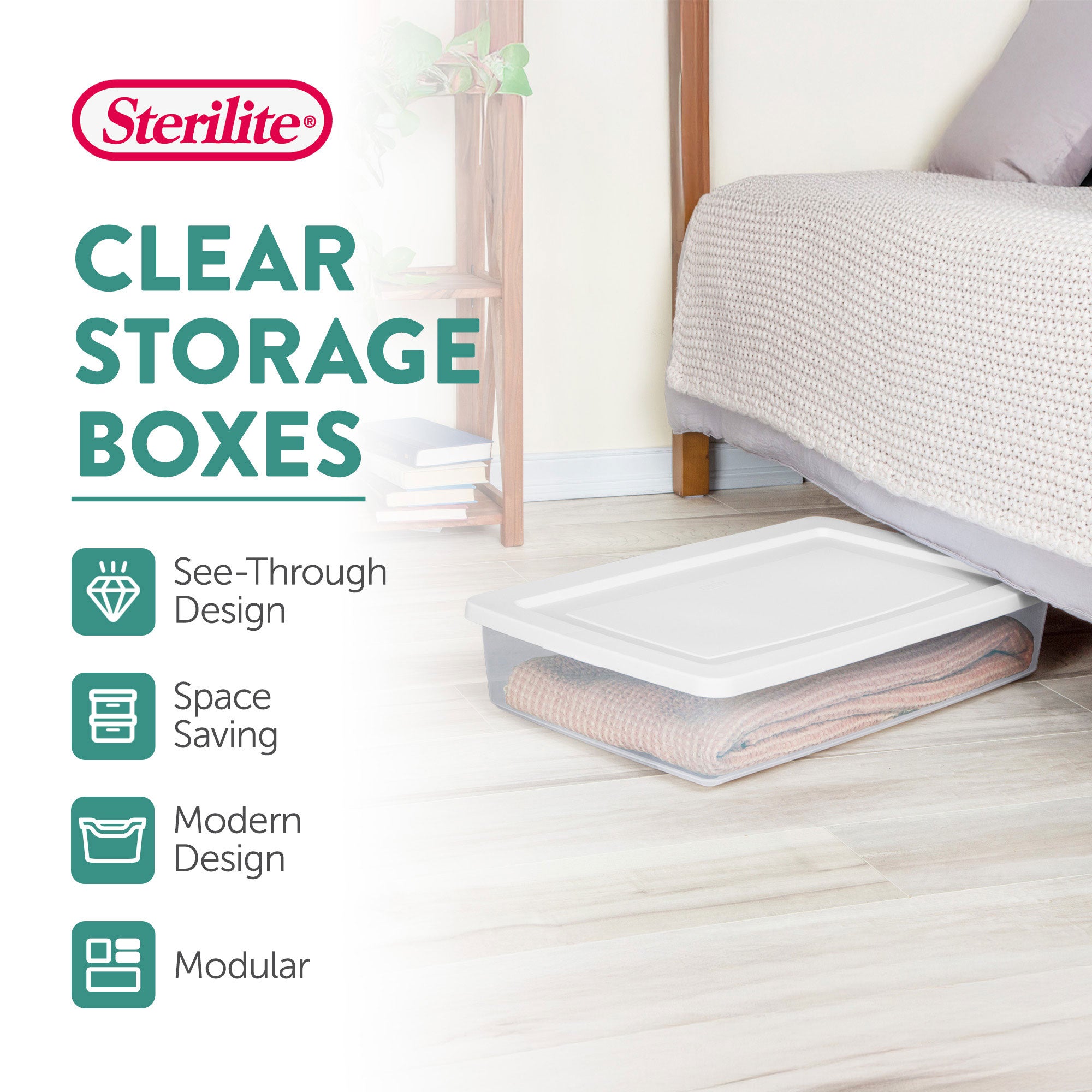 Sterilite 41 Qt Storage Box, Stackable Plastic Container, Home Organizer, White