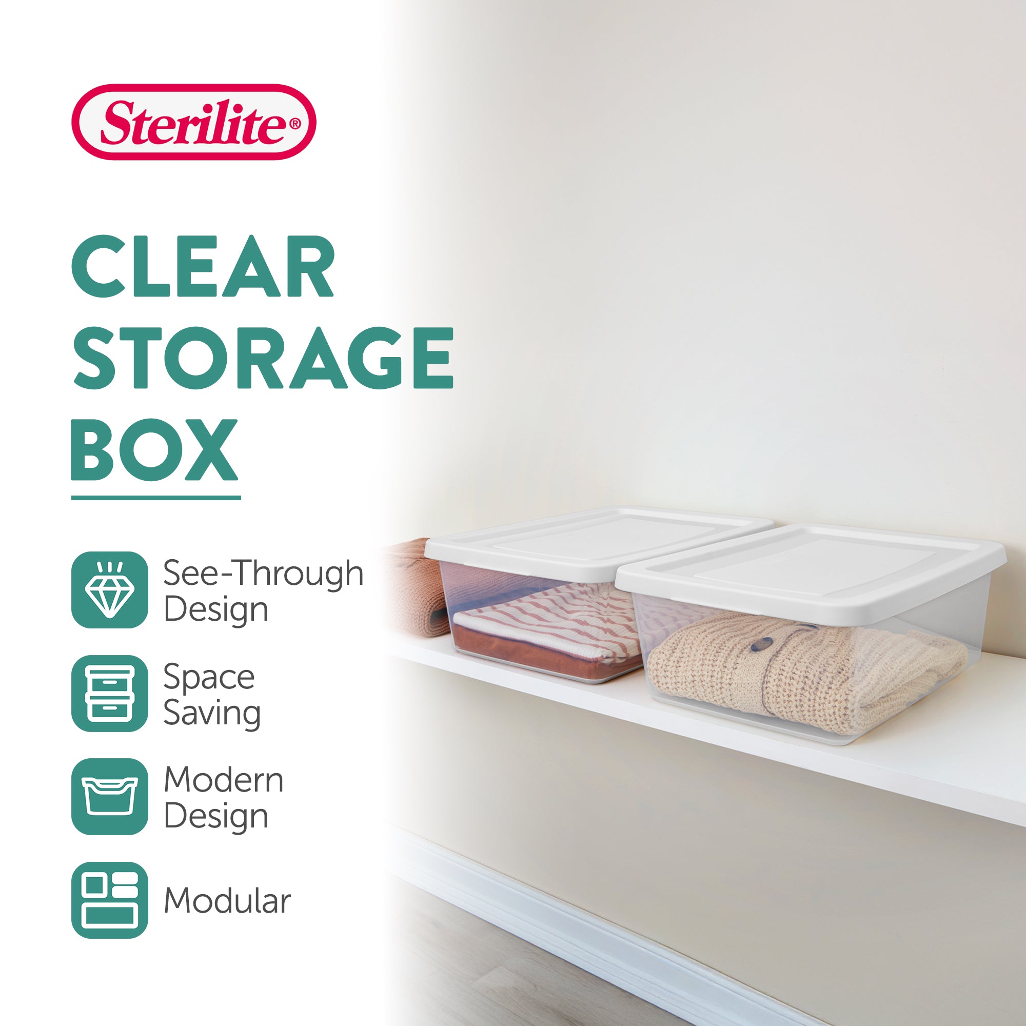 Sterilite 12Qt Storage Box, Stackable Plastic Container, Home Organizer, 48 Pack
