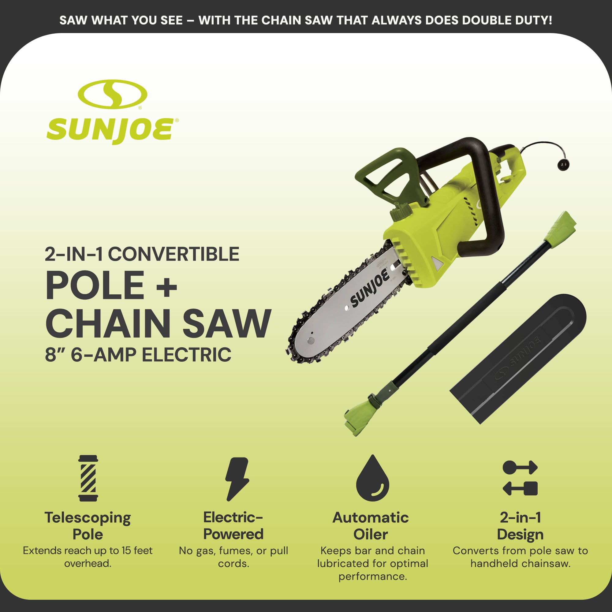 Sun Joe 8 Inch Electric Convertible Pole Chain Saw, 2-in-1 Cutting Tool, SWJ805E - VMInnovations