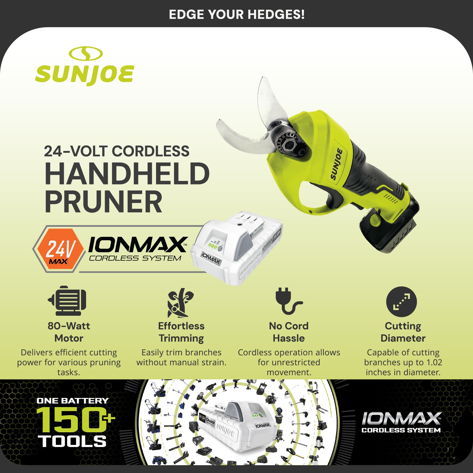 Sun Joe 24V Cordless Handheld Pruner with Battery and Charger, 80W, 24V-PRN1-LTE - VMInnovations