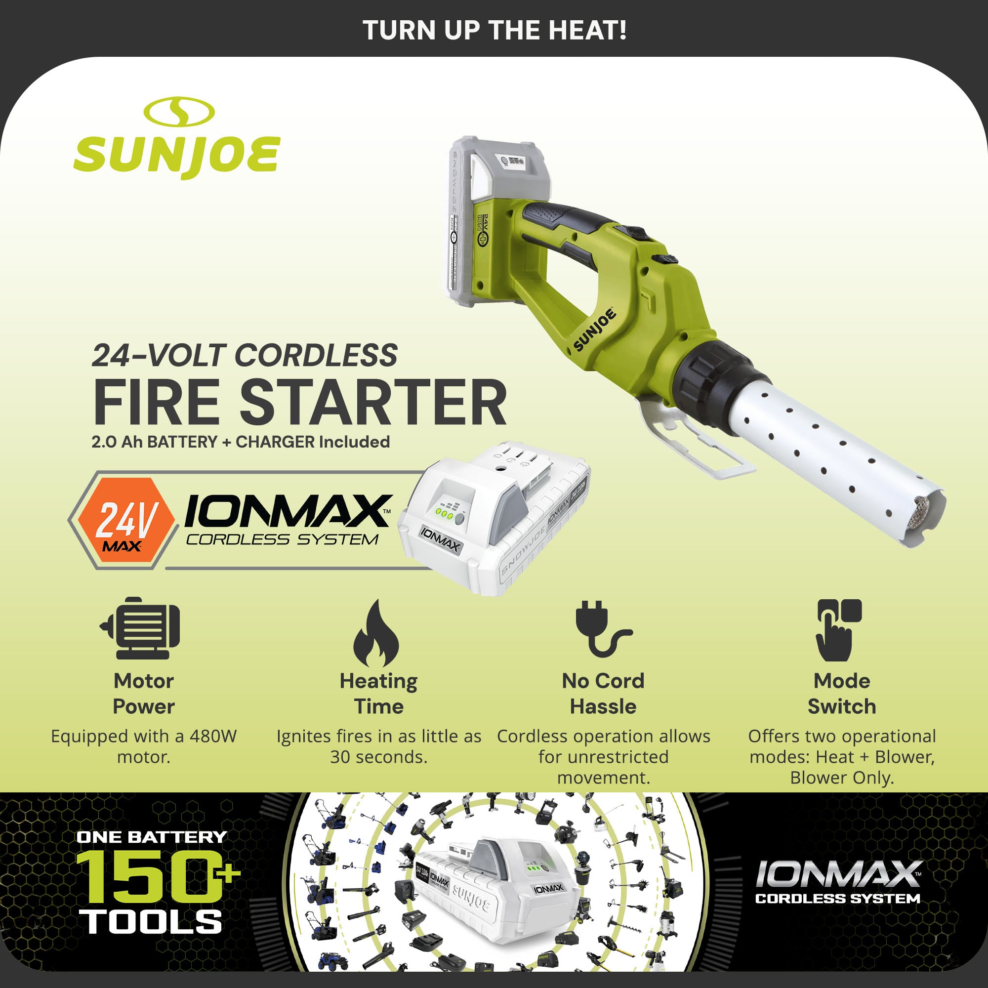 Sun Joe 24V Cordless Electric Fire Starter for Charcoal BBQ Grills, 24V-BBQ-LTE - VMInnovations