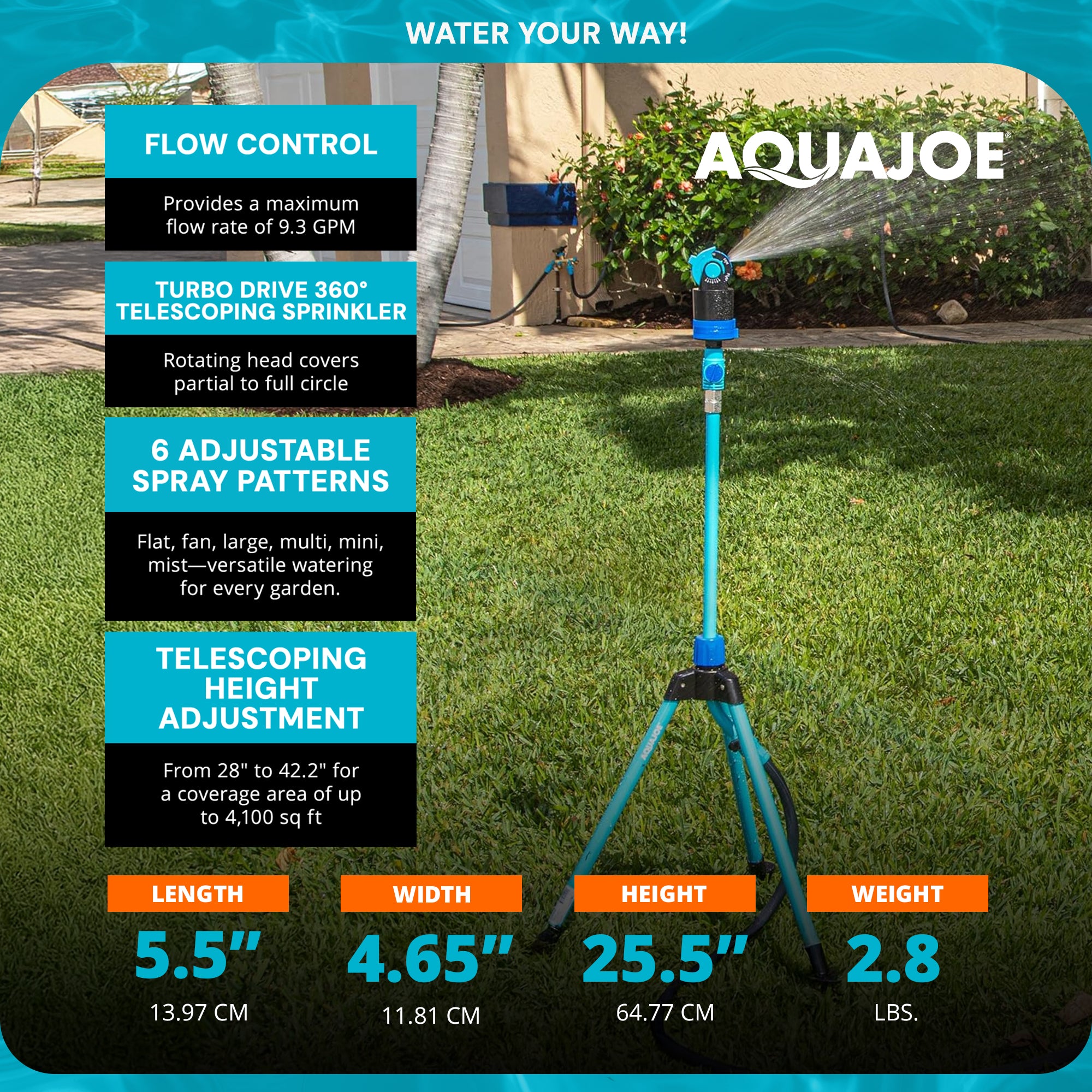 Aqua Joe Adjusting Tripod Sprinkler Mister, 6 Pattern, Telescoping, AJ-6PSTB-MAX - VMInnovations