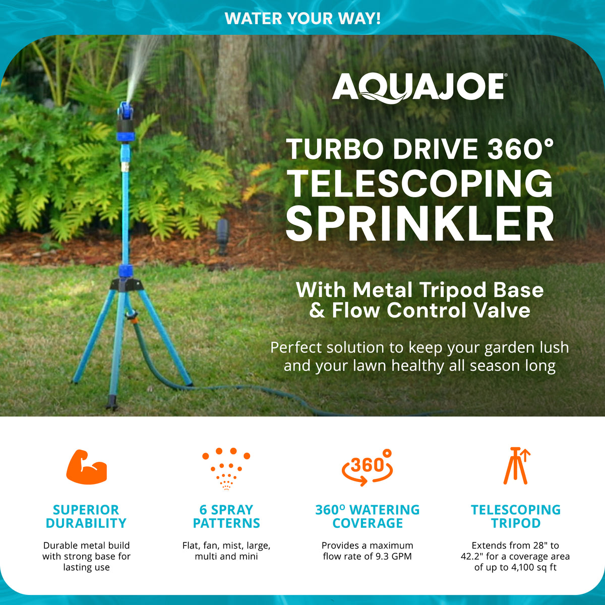 Aqua Joe Adjusting Tripod Sprinkler Mister, 6 Pattern, Telescoping, AJ-6PSTB-MAX - VMInnovations