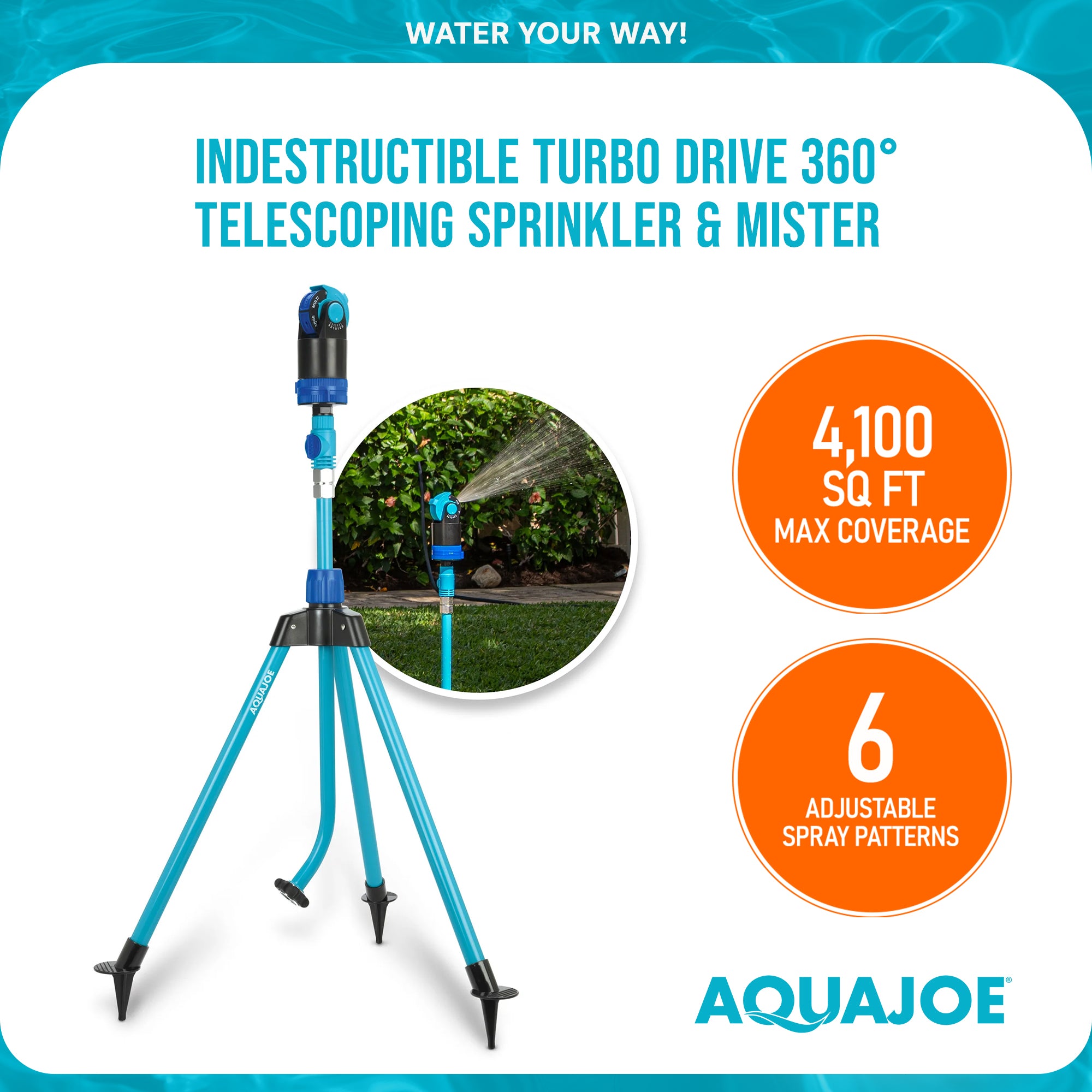 Aqua Joe Adjusting Tripod Sprinkler Mister, 6 Pattern, Telescoping, AJ-6PSTB-MAX - VMInnovations