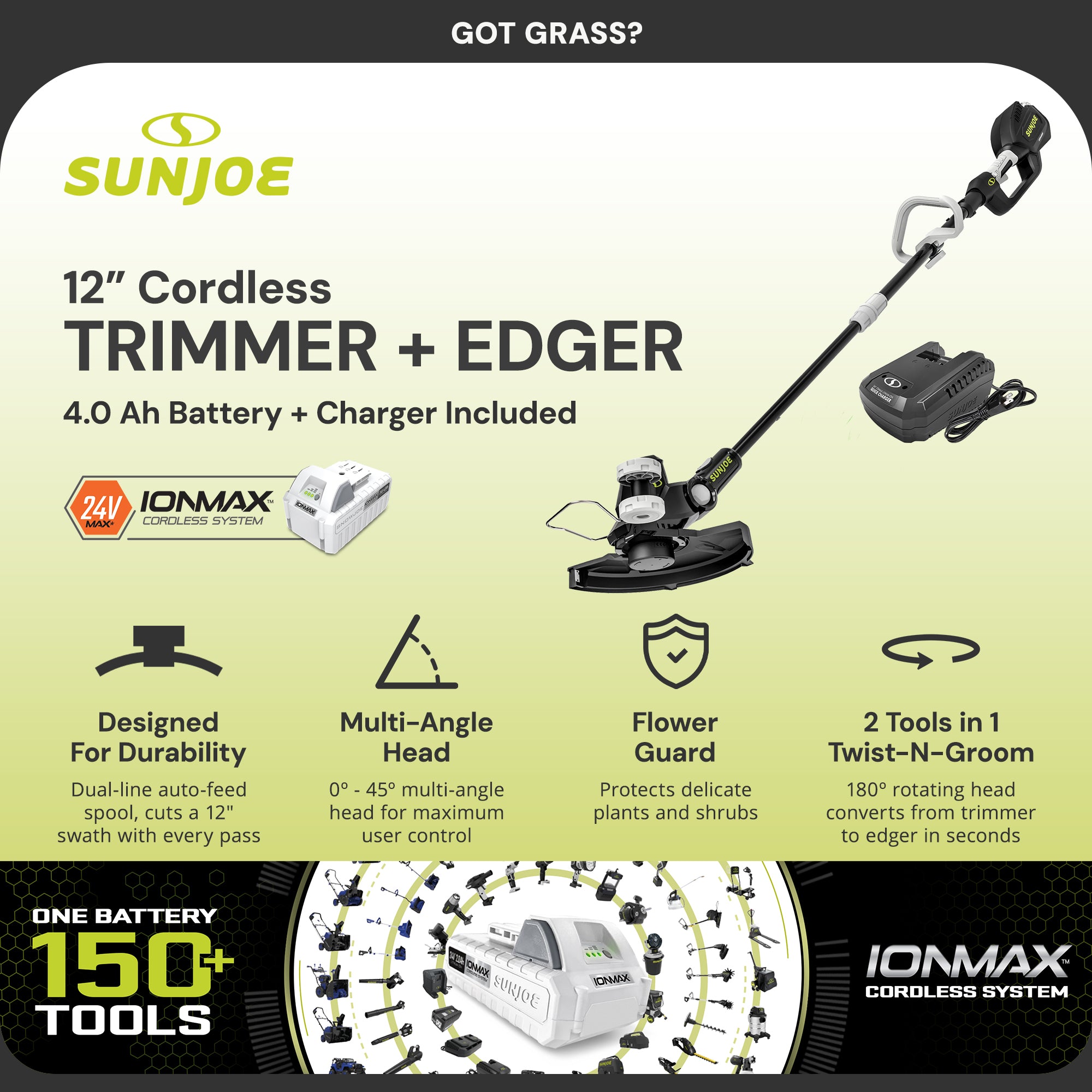Sun Joe 24V 12" Multi-Angle Head Cordless Dual Line String Trimmer Kit, 24V-ST14 - VMInnovations