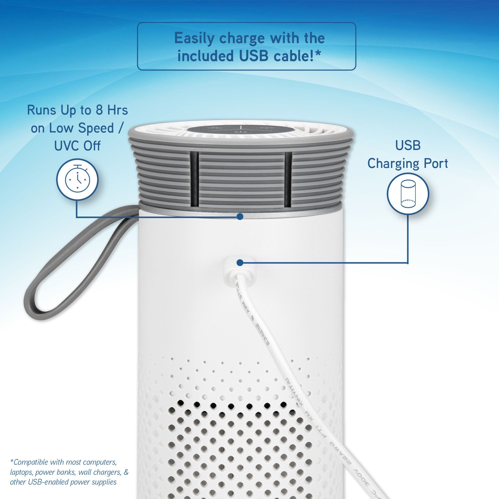 GermGuardian Portable Air Purifier for Small Spaces, USB Cable, 7” White, AC085 - VMInnovations