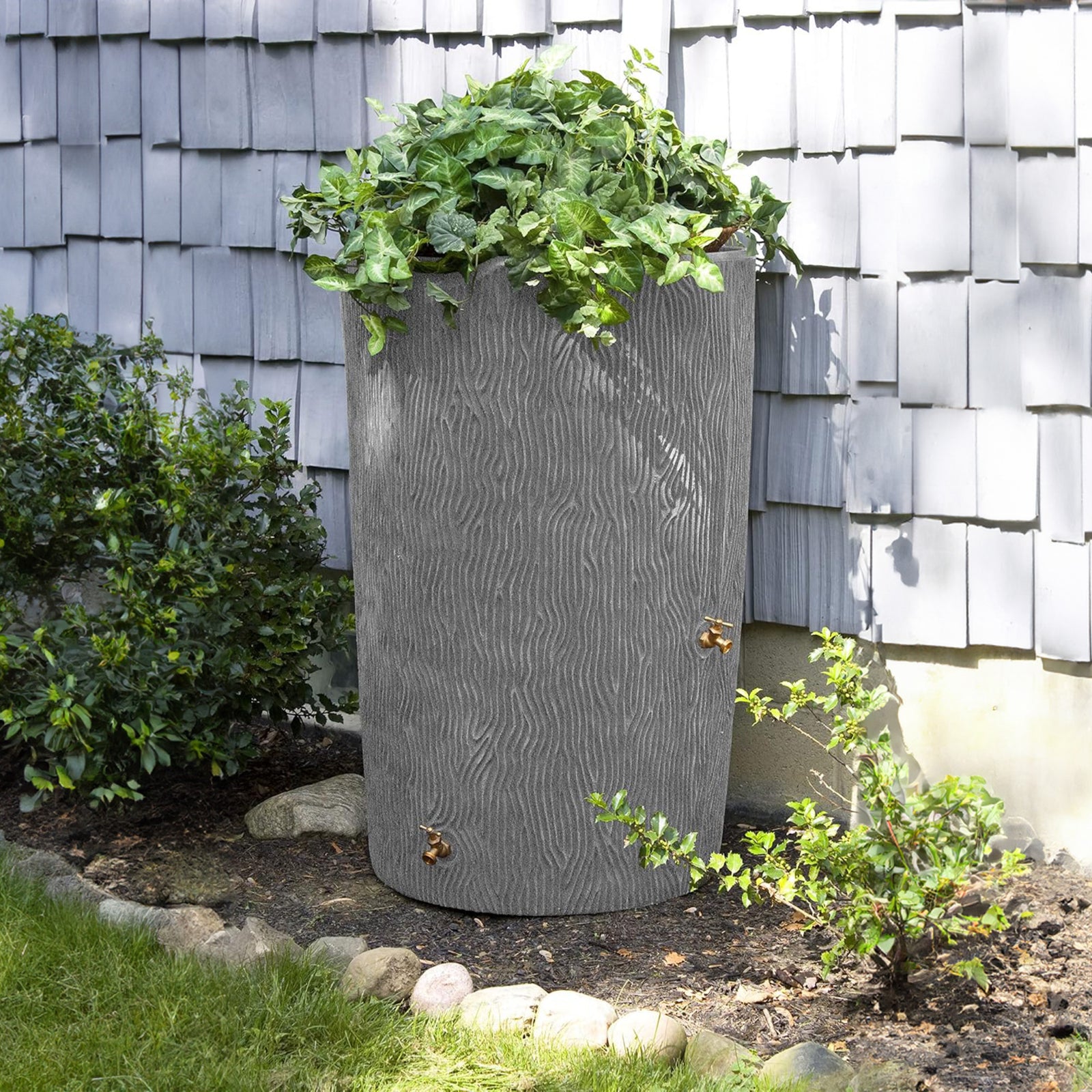 Good Ideas Impressions 90 Gal Bark Rain Saver Barrel, 2 Spigots, Dark Granite - VMInnovations