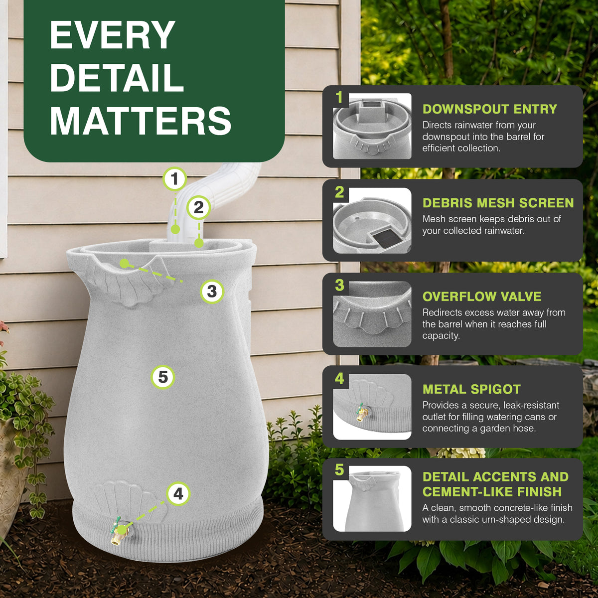 Good Ideas Rain Wizard Plastic Resin Urn, 65 Gallon Rain Barrel, Light Granite