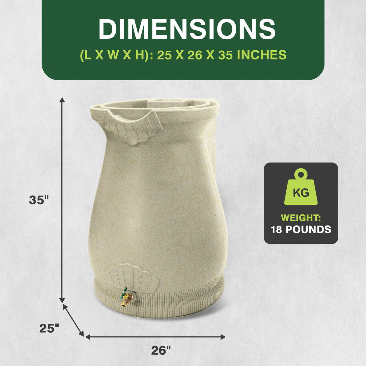 Good Ideas Rain Wizard Self-Draining Resin Urn, 65 Gallon Rain Barrel, Sandstone