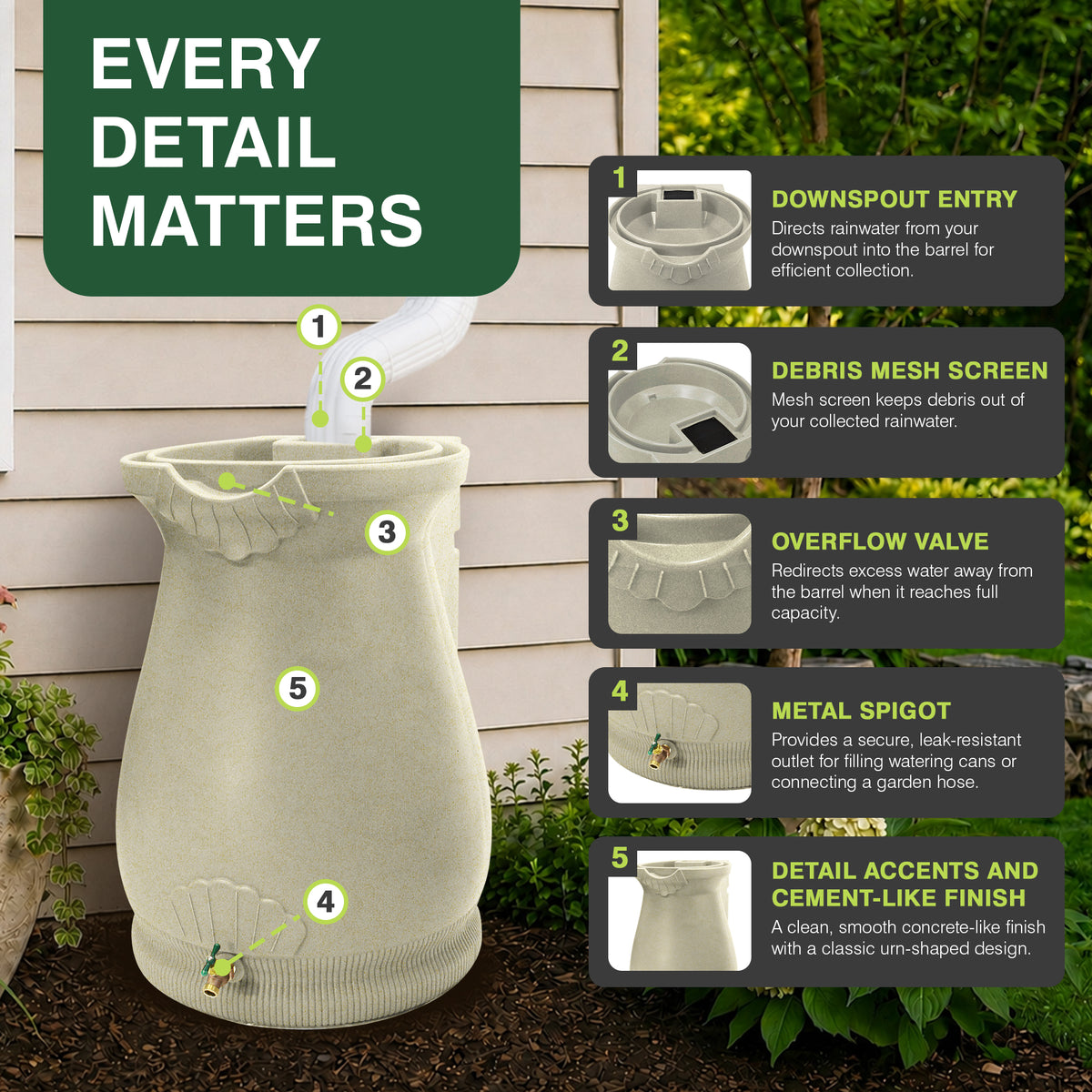 Good Ideas Rain Wizard Self-Draining Resin Urn, 65 Gallon Rain Barrel, Sandstone
