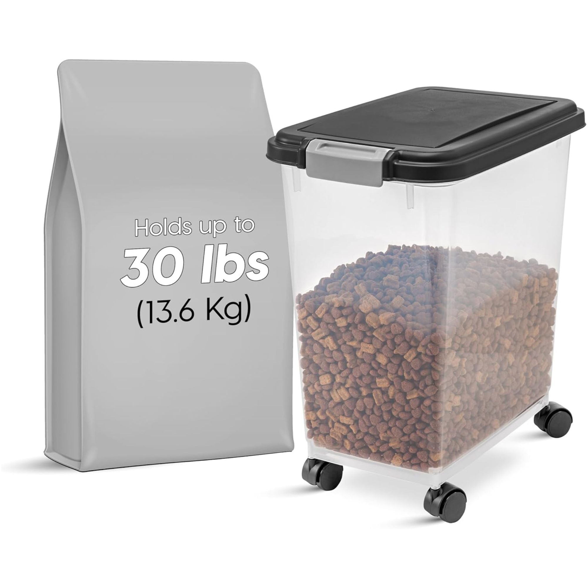 IRIS USA Airtight Pet Food Storage Bin with Snap Lock Lid and Wheels, Black
