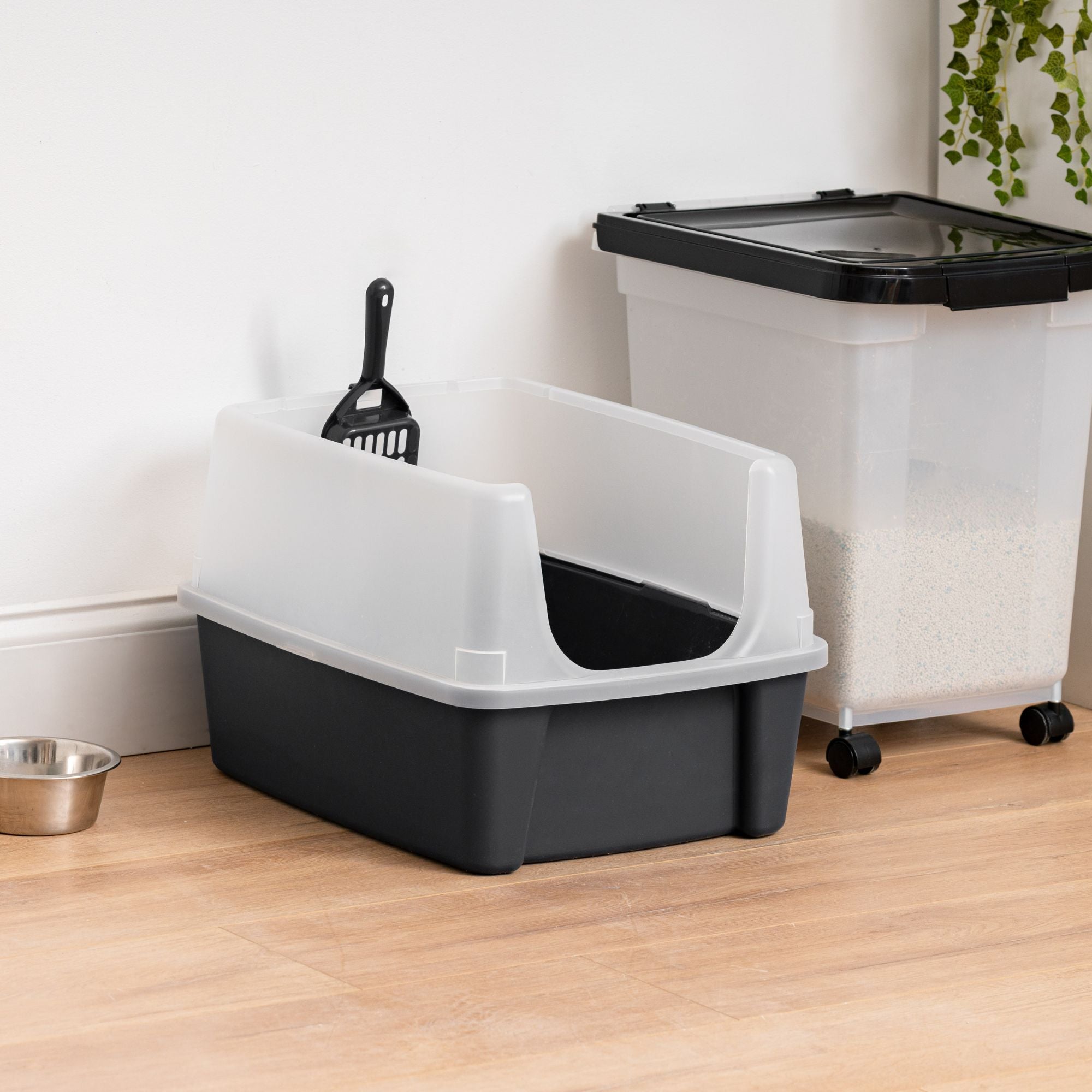 IRIS USA Large High Sided Cat Litter Box, Open Top, Scatter Shield, Scoop Black - VMInnovations
