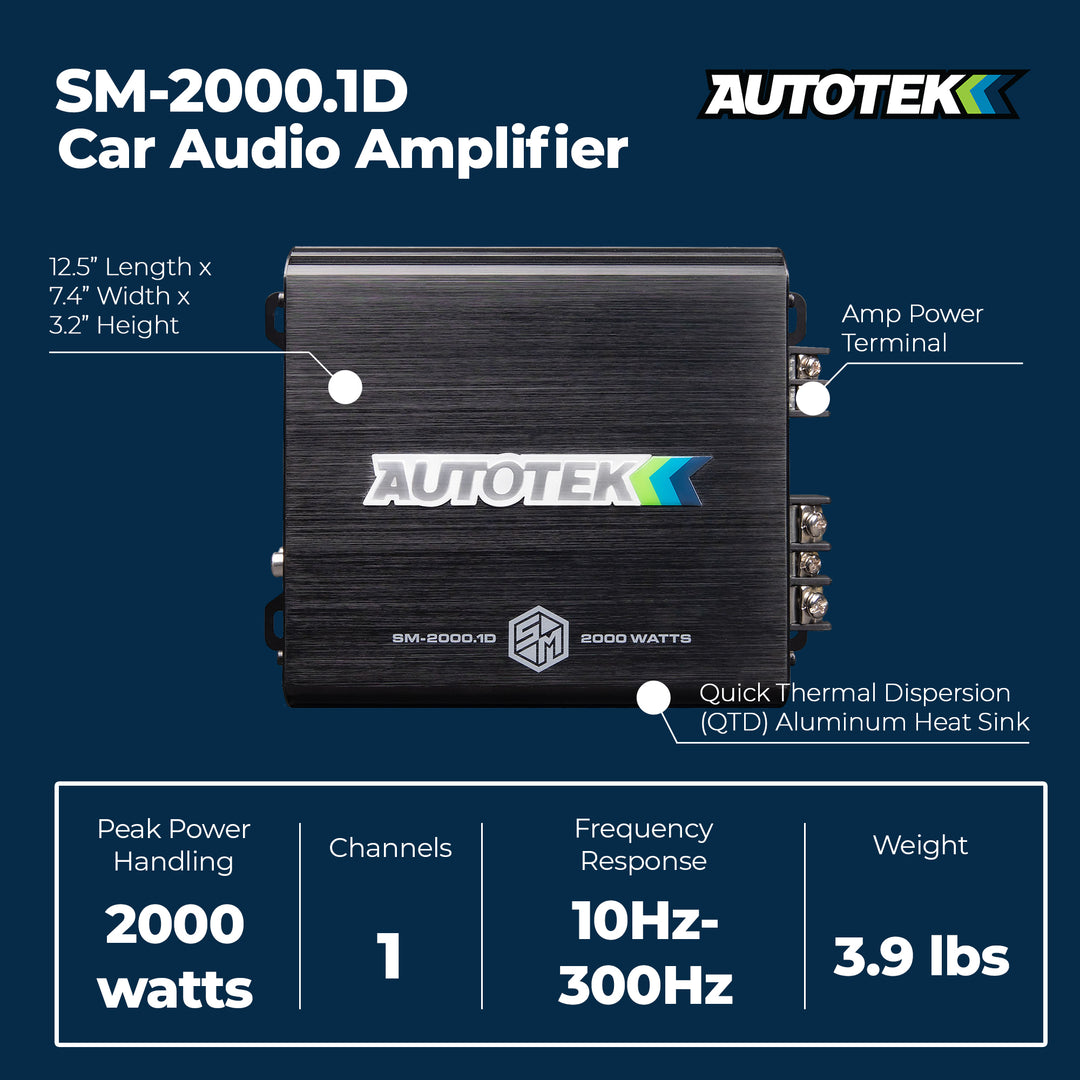Autotek 2000W 1 Channel Car Audio Amplifier, Bass Knob, Street Machine SM-2000.1 - VMInnovations