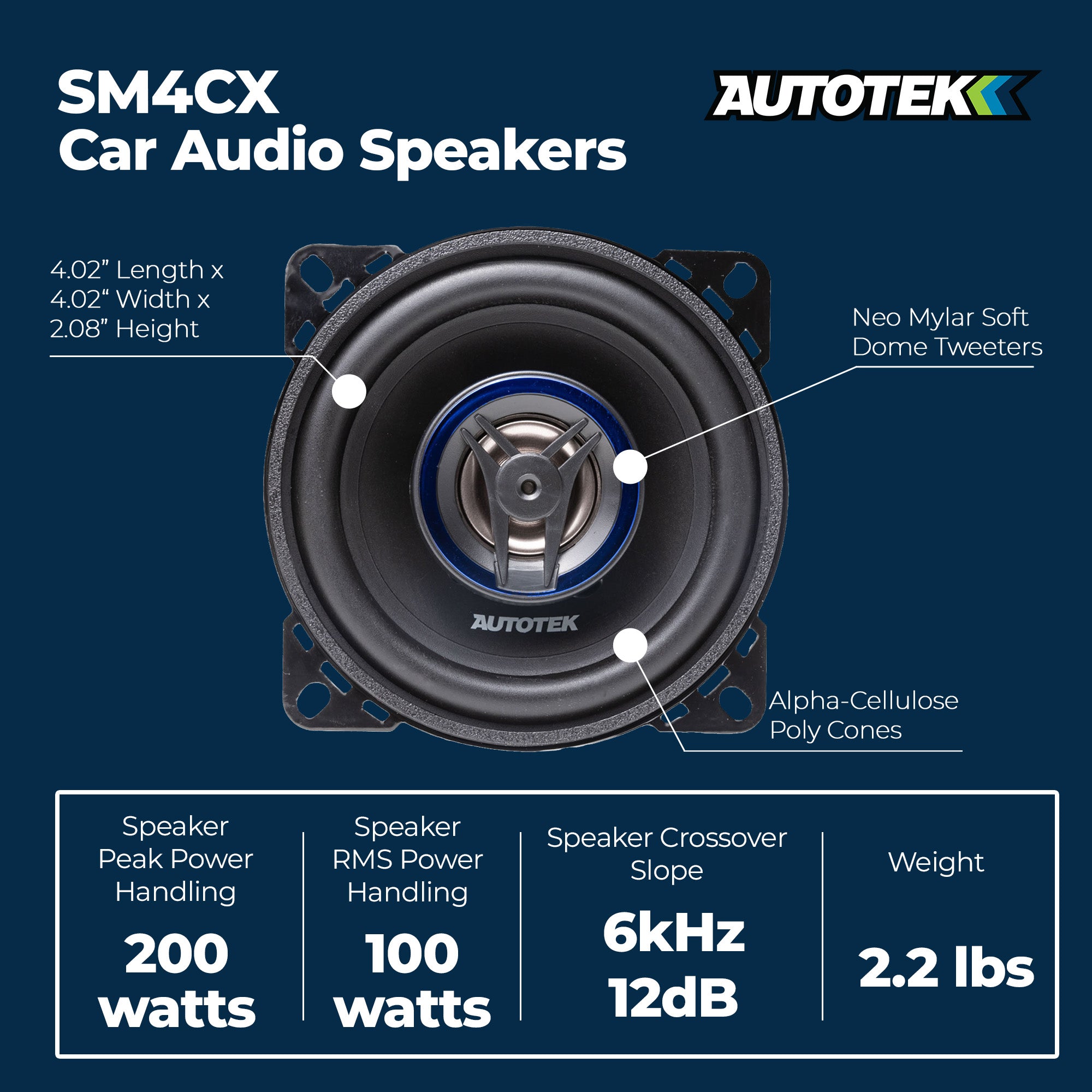 Autotek Street Machine 200 Watt 4 Inch 2 Way Car Audio Coaxial Speakers, 2 Pack