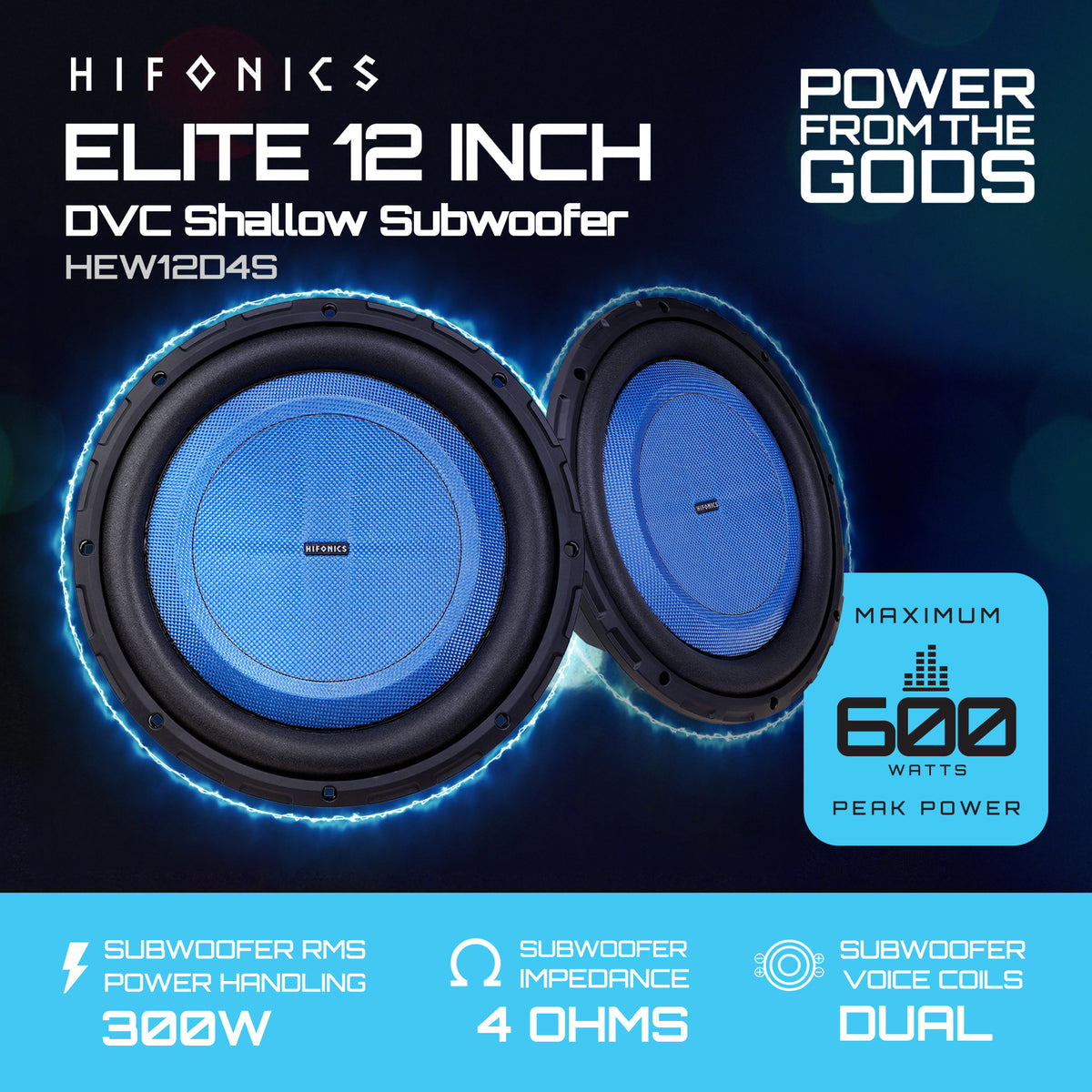 Hifonics ELITE 12” Shallow Subwoofer Dual Voice Coil Car Audio Speaker, 600 Watt