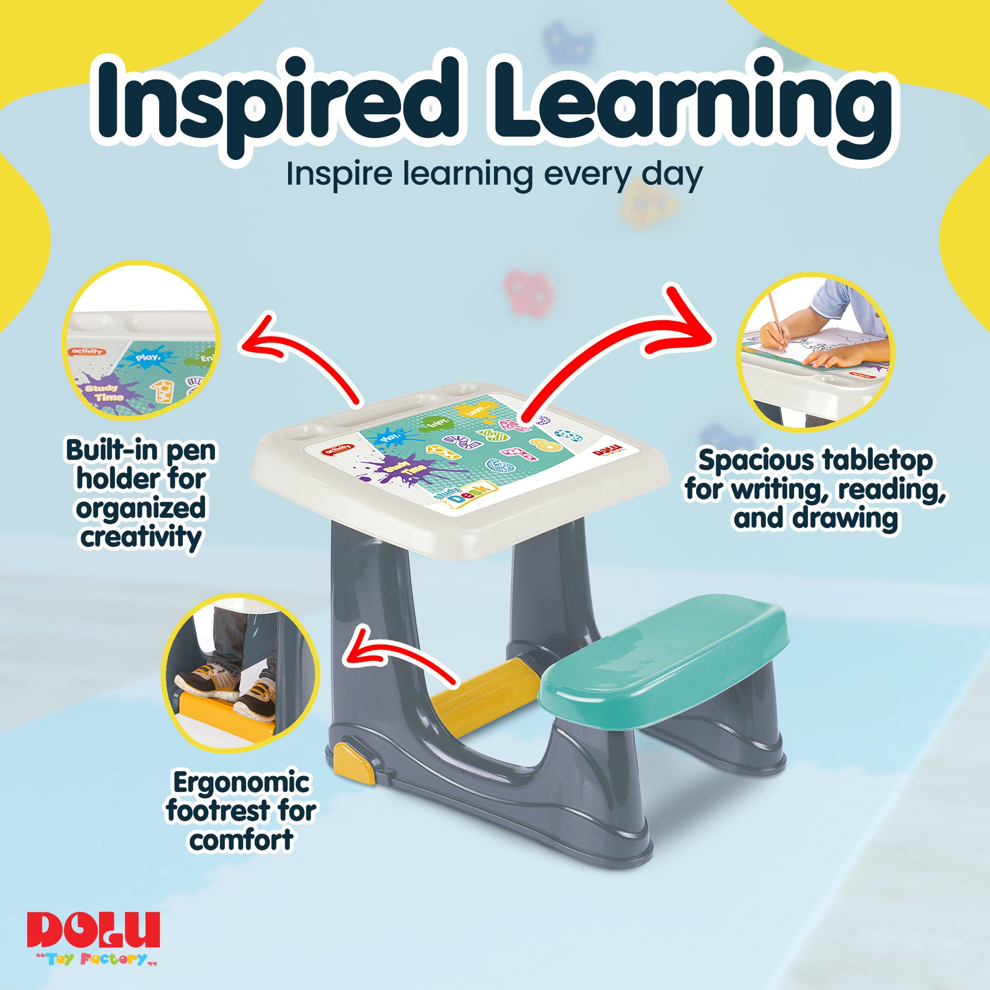 Dolu Children’s Study Desk Kids Activity Table, Chair, & Footrest (Open Box) - VMInnovations