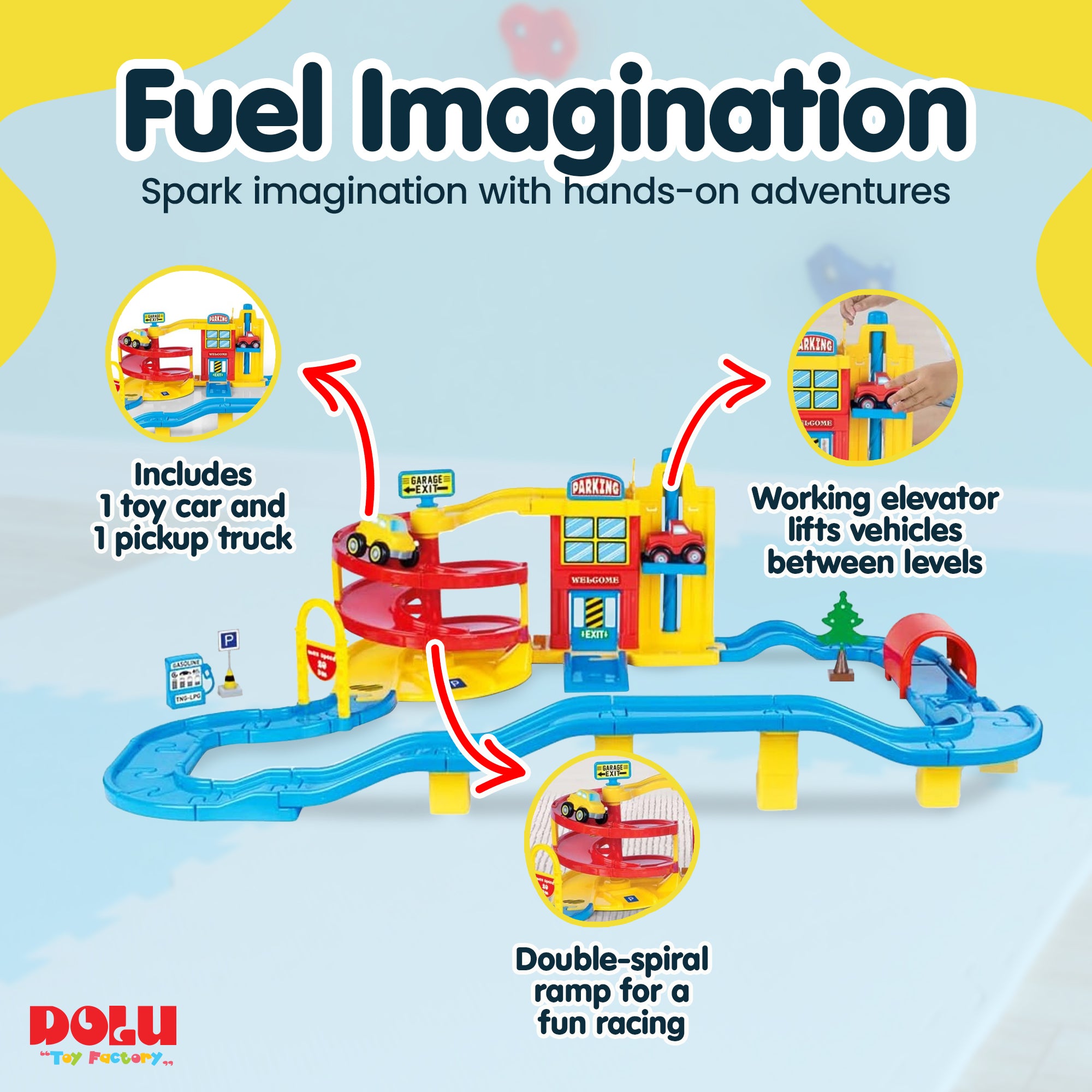 DOLU Large Parking Lot Garage Playset for Kids, Car Toy with Ramp and Elevator - VMInnovations