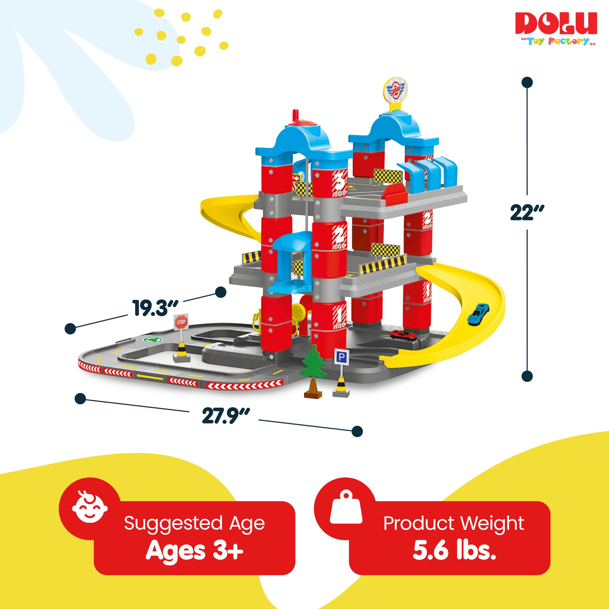 DOLU Full 3-Storey Car Park, Multi-level Toy Garage Playset for Toddlers Ages 3+ - VMInnovations