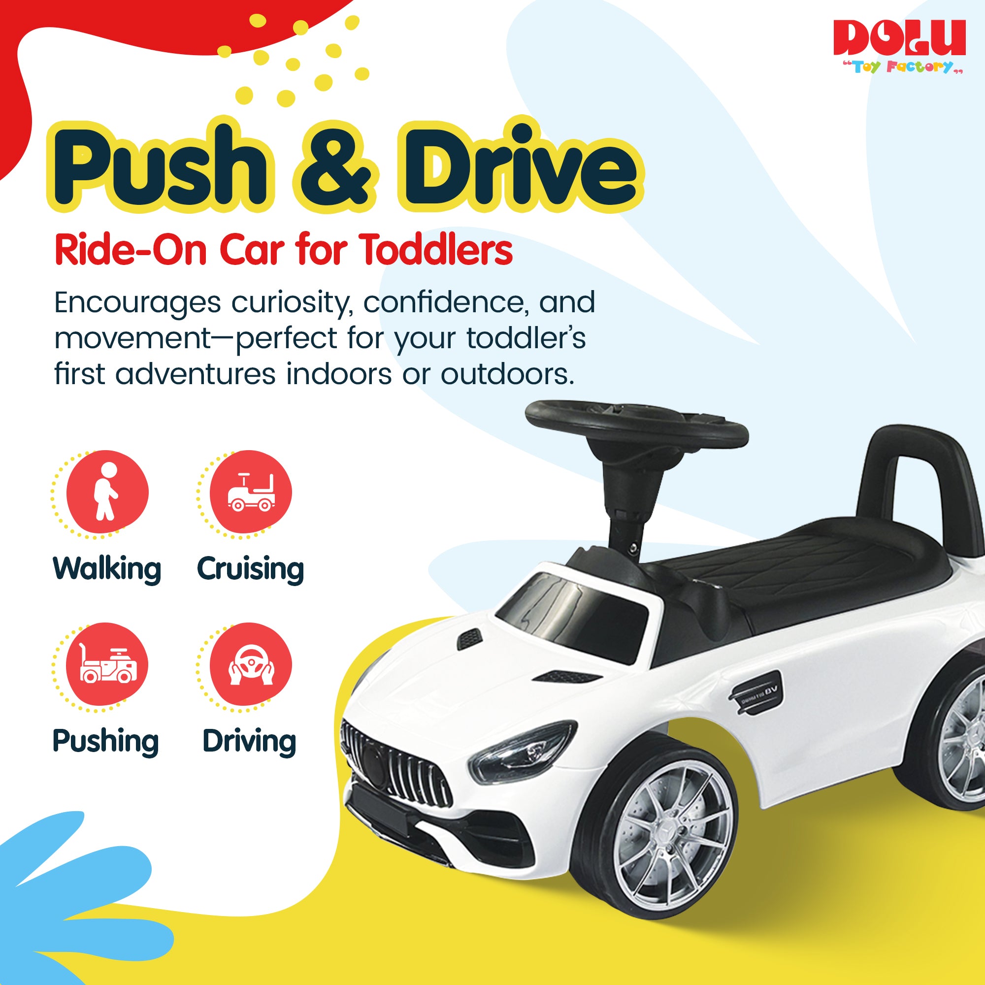 DOLU Ride-On Car for Toddlers, Foot-Powered Push Toy w/Horn for 12mo & Up, White - VMInnovations