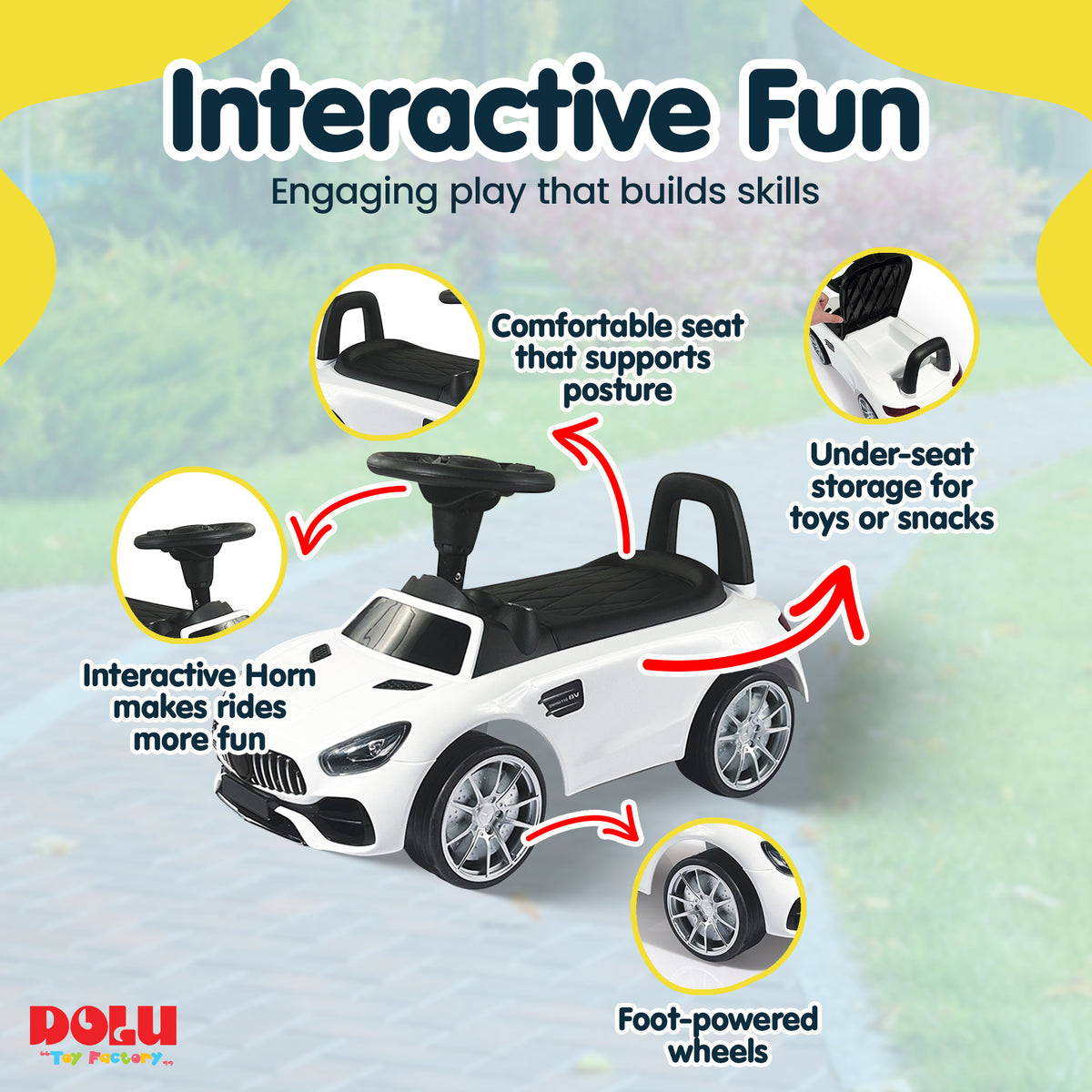 DOLU Ride-On Car for Toddlers, Foot-Powered Push Toy w/Horn for 12mo & Up, White - VMInnovations
