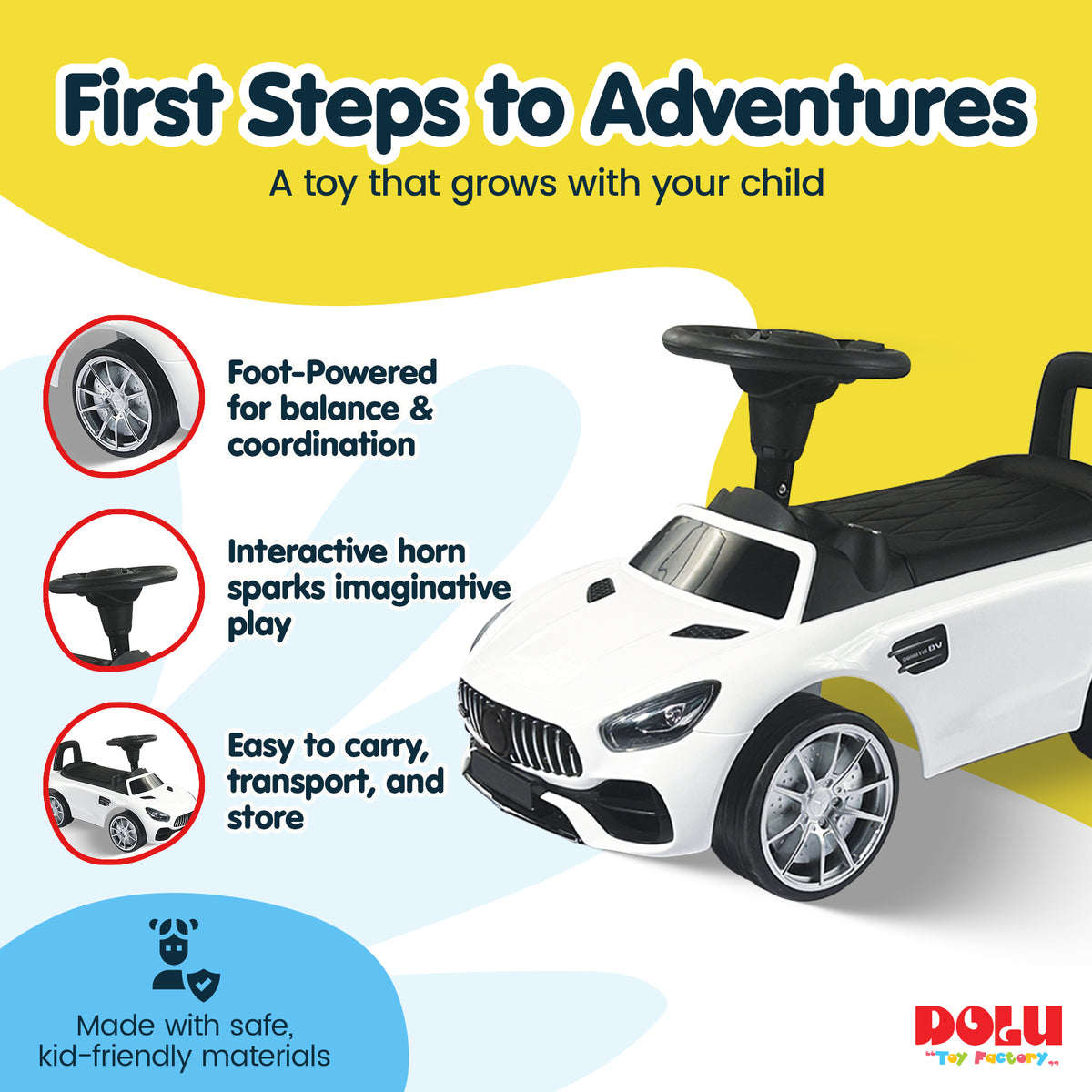 DOLU Ride-On Car for Toddlers, Foot-Powered Push Toy w/Horn for 12mo & Up, White - VMInnovations