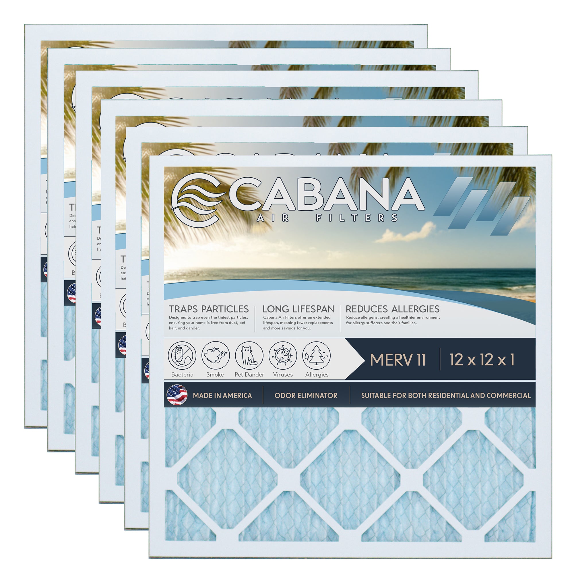 Cabana Air Filters 6 Pack HVAC Furnace Air Filters, MERV 11, 12 x 12 x 1, White - VMInnovations