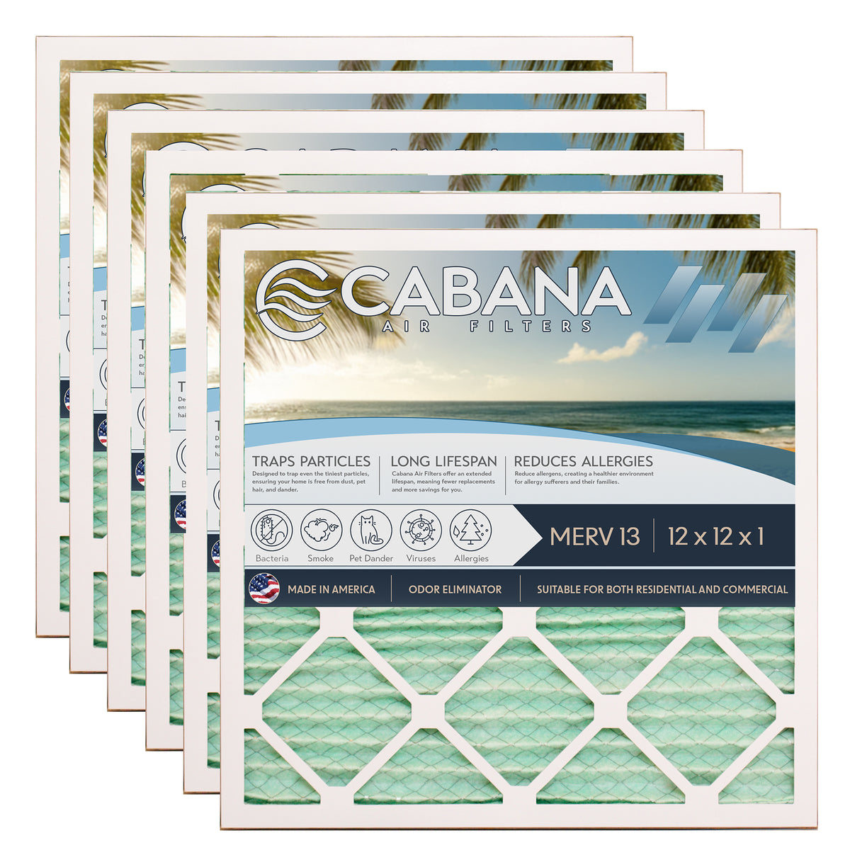 Cabana Air Filters 6 Pack HVAC Furnace Air Filters, MERV 13, 12 x 12 x 1, White