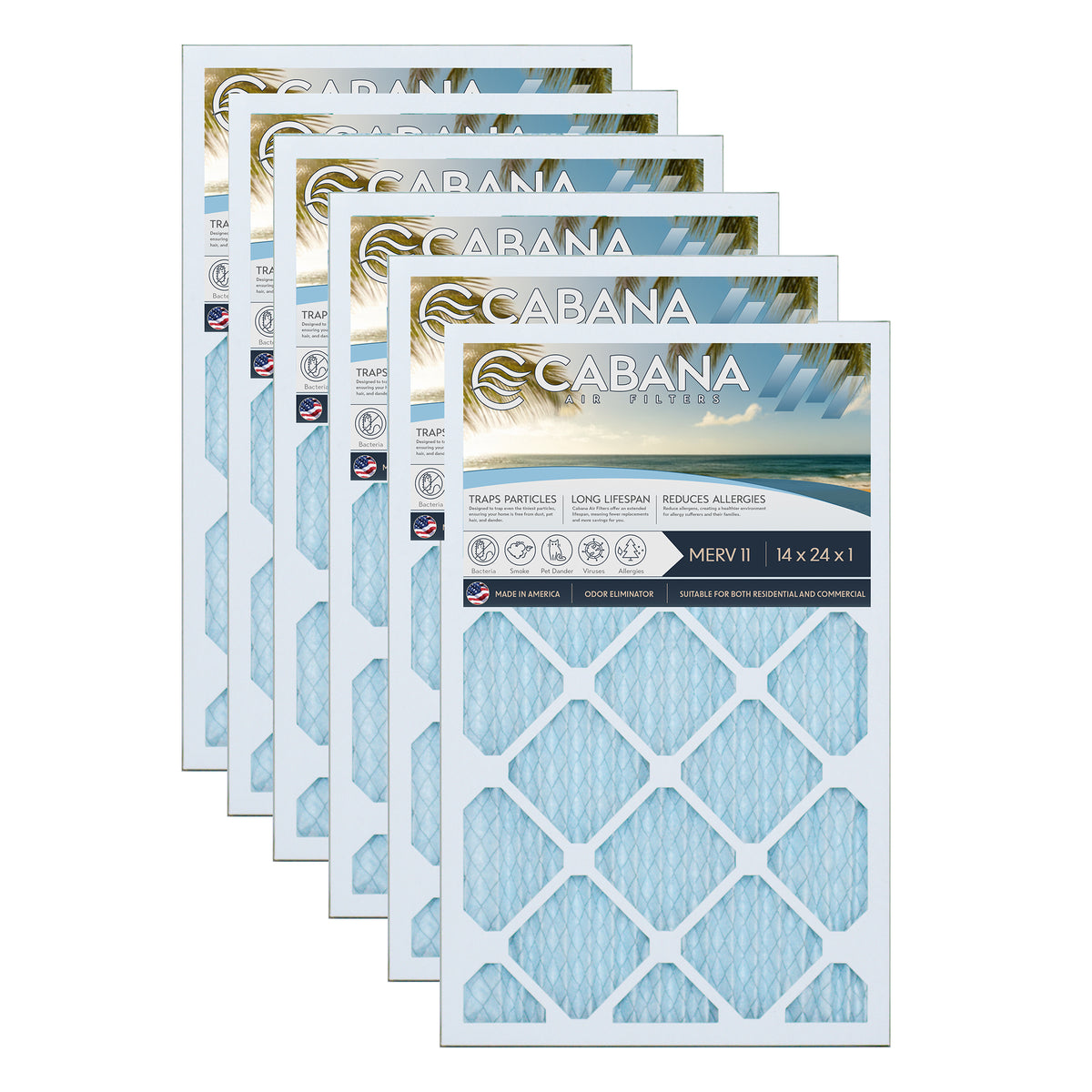 Cabana Air Filters 6 Pack HVAC Furnace Air Filters, MERV 11, 14 x 24 x 1, White