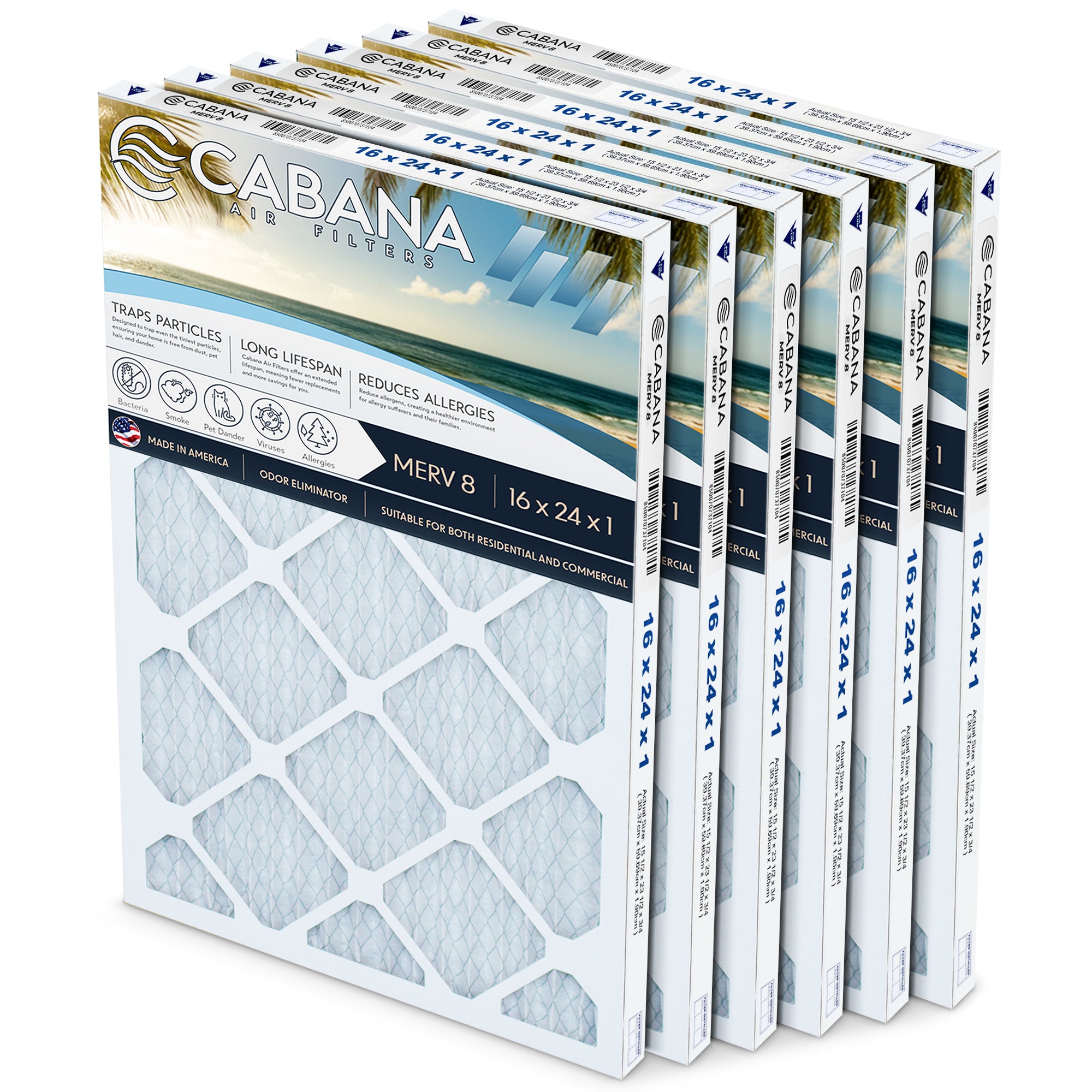 Cabana Air Filters 6 Pack HVAC Furnace Air Filters, MERV 8, 16 x 24 x 1, White - VMInnovations