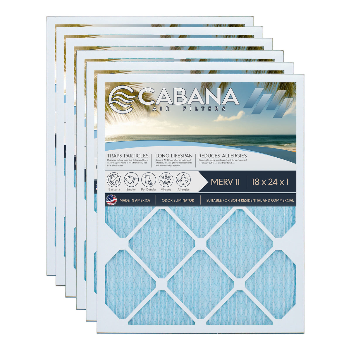 Cabana Air Filters 6 Pack HVAC Furnace Air Filters, MERV 11, 18 x 24 x 1, White