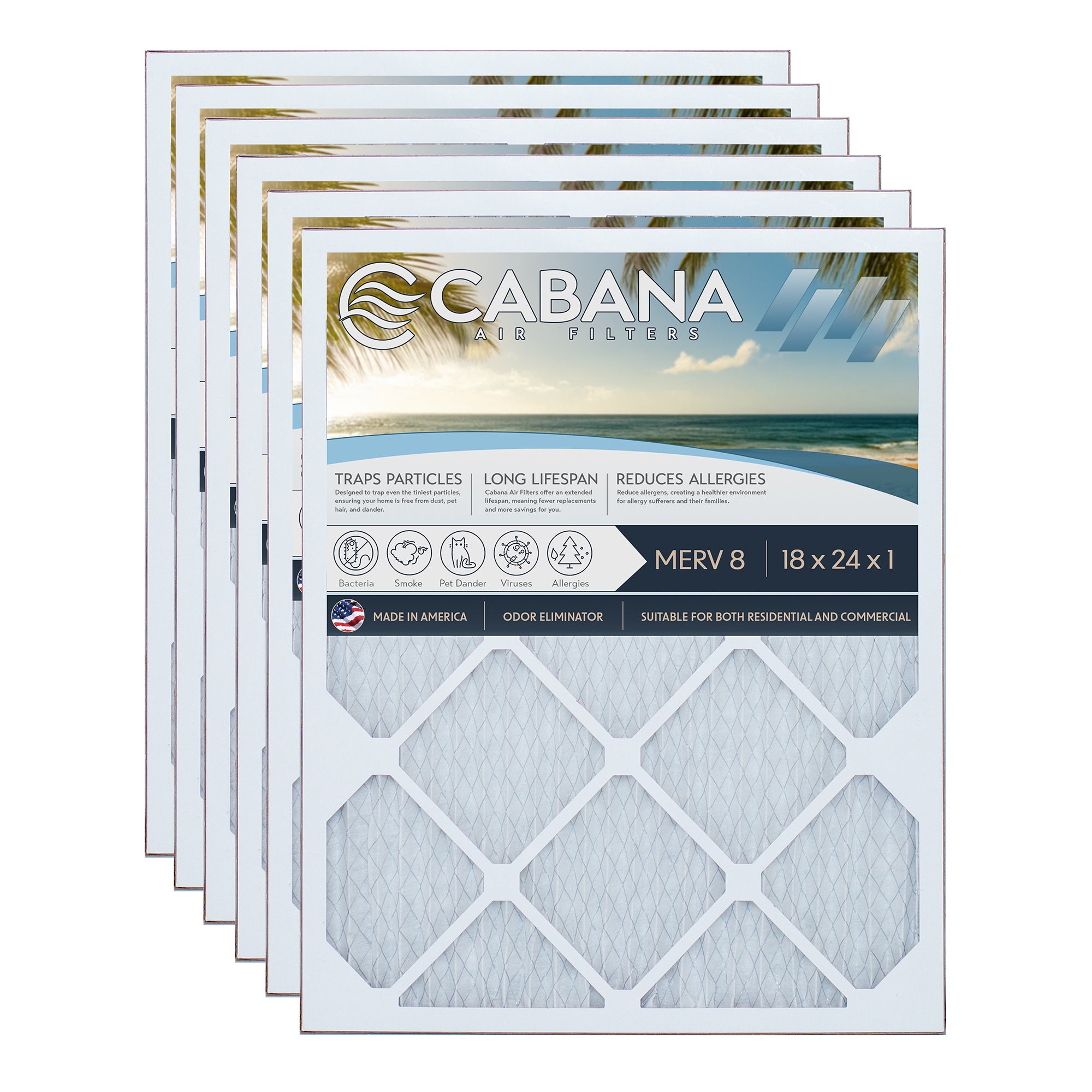 Cabana Air Filters 6 Pack HVAC Furnace Air Filters, MERV 8, 18 x 24 x 1, White - VMInnovations