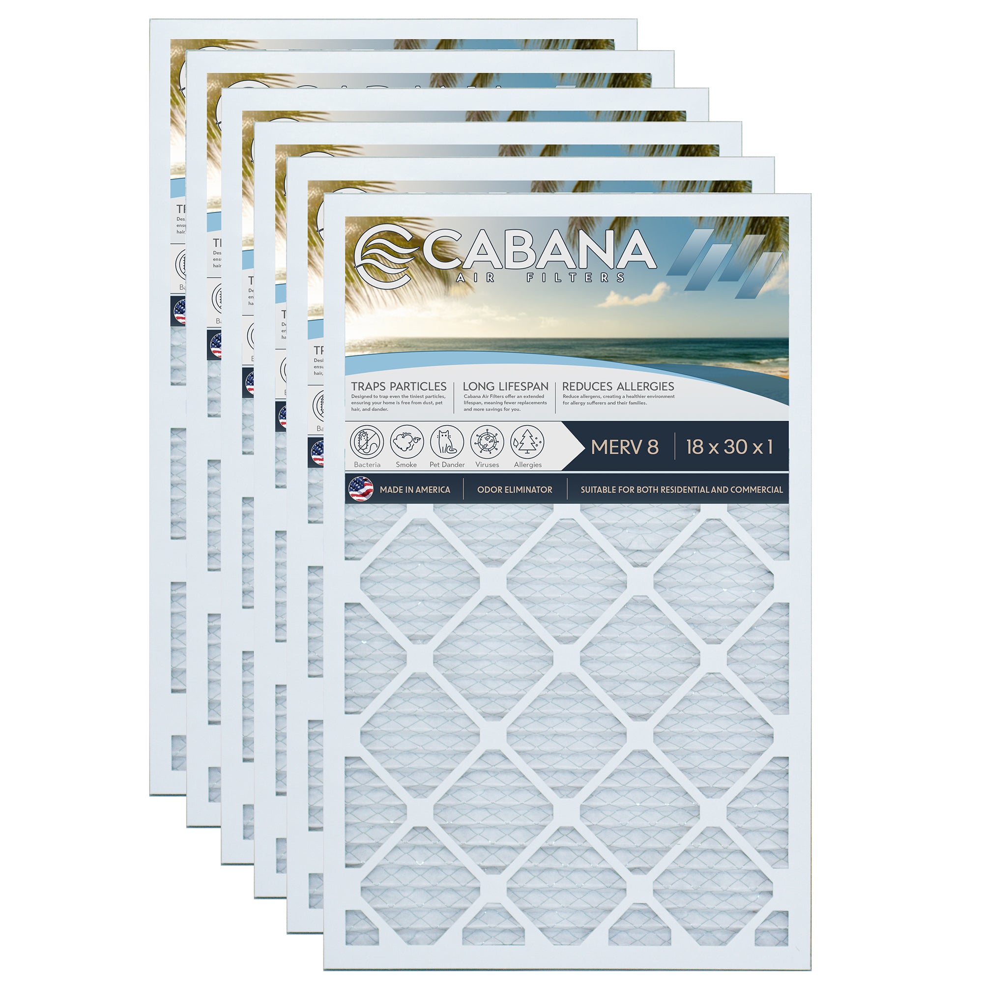 Cabana Air Filters 6pk HVAC Furnace Air Filters, MERV 8, 18 x 30 x 1 (Open Box)