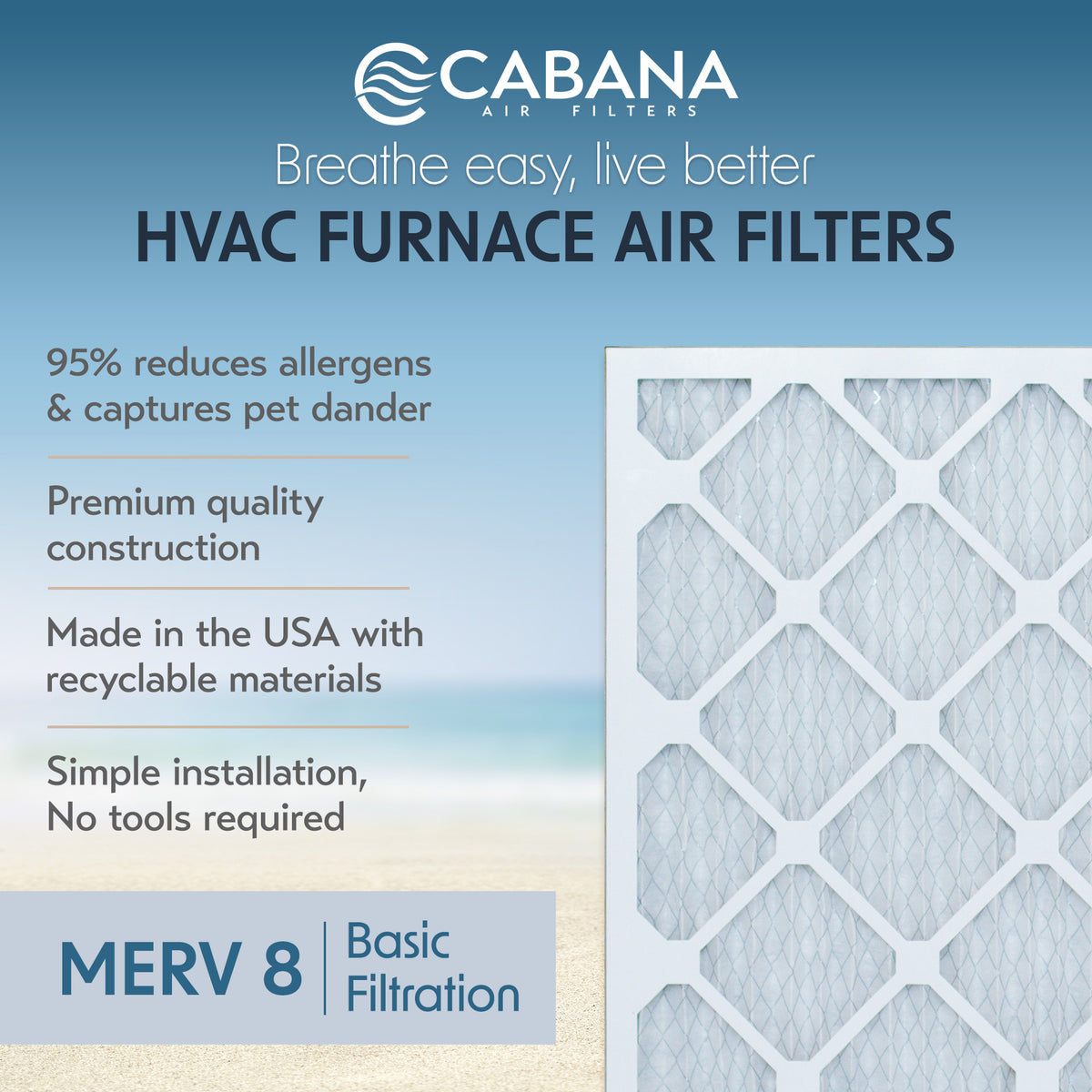 Cabana Air Filters 6 Pack HVAC Furnace Air Filters, MERV 8, 20 x 22 x 1, White