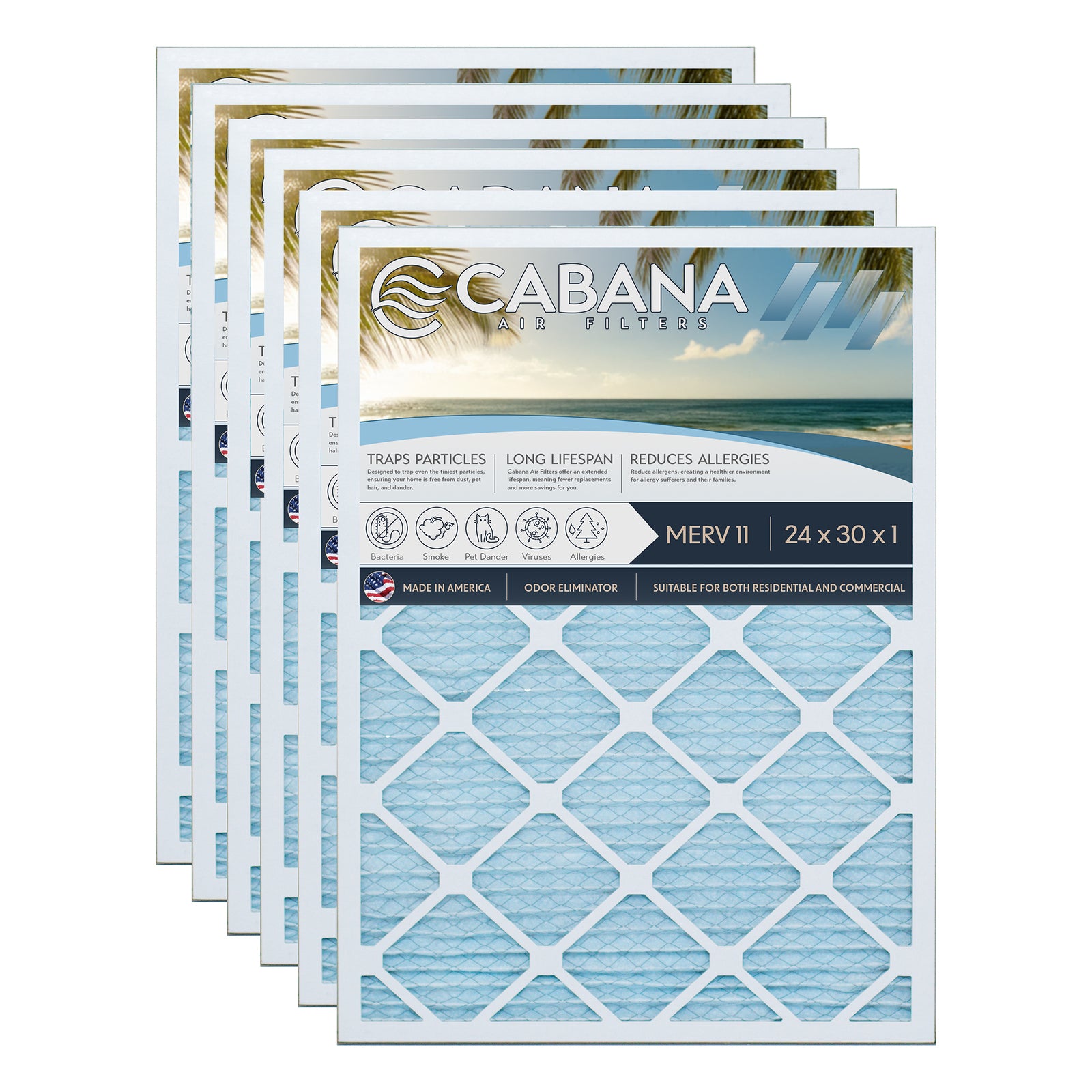 Cabana Air Filters 6 Pack HVAC Furnace Air Filters, MERV 11, 24 x 30 x 1, White - VMInnovations