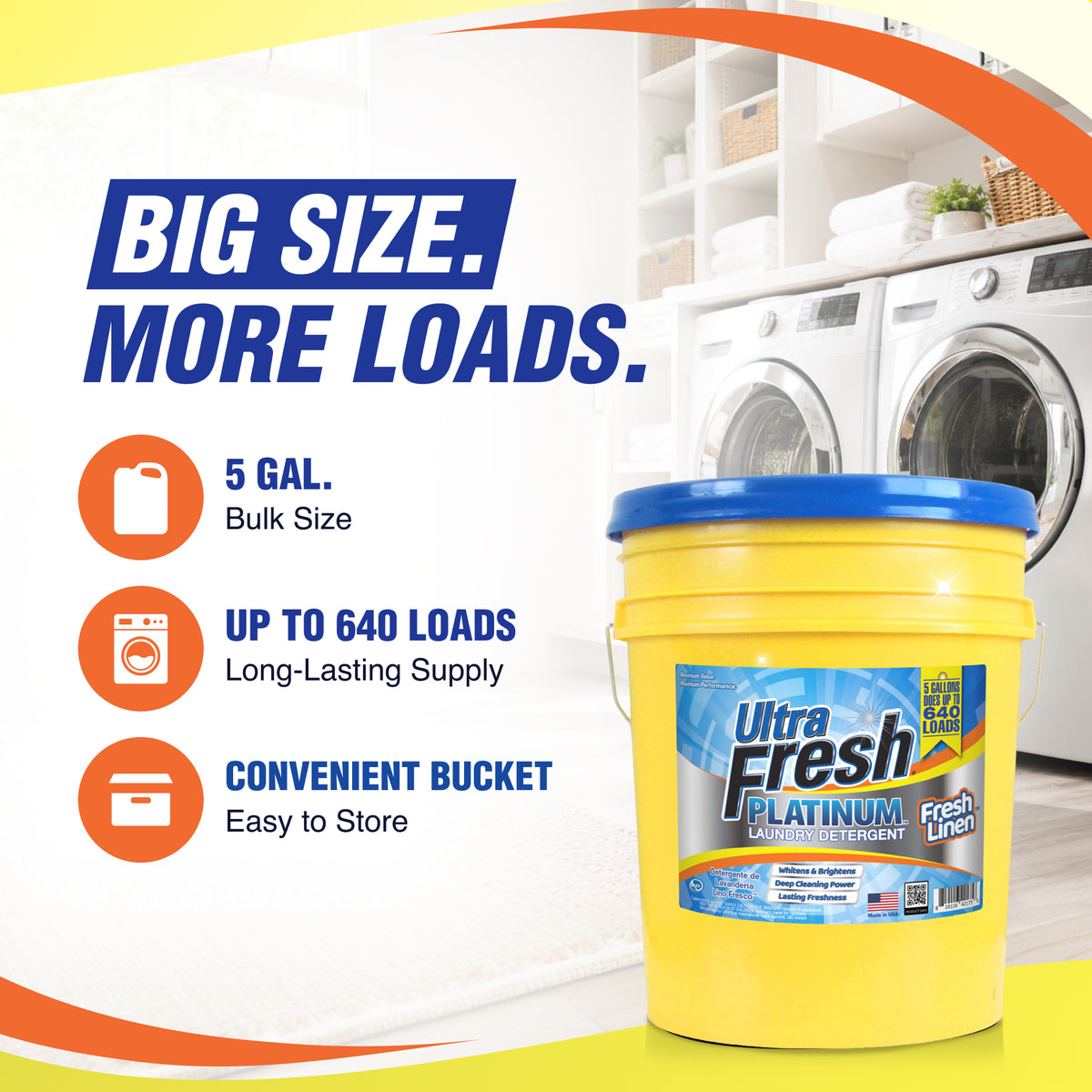 Ultra Fresh Platinum 5 Gal Laundry Detergent, Up to 640 Loads, Fresh Linen Scent