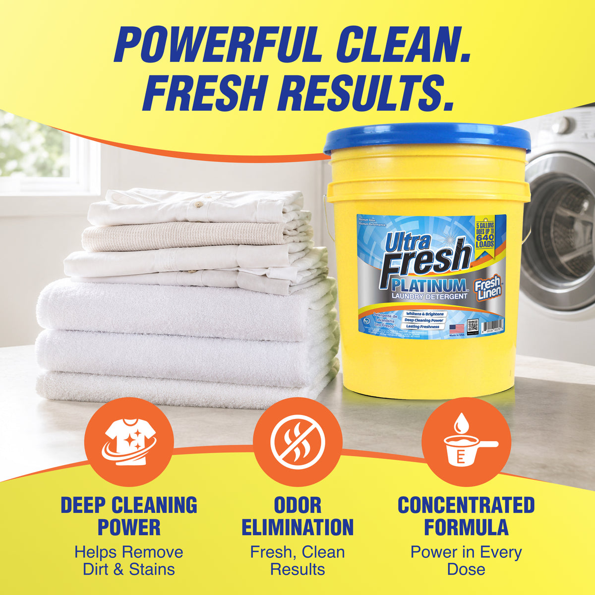Ultra Fresh Platinum 5 Gal Laundry Detergent, Up to 640 Loads, Fresh Linen Scent