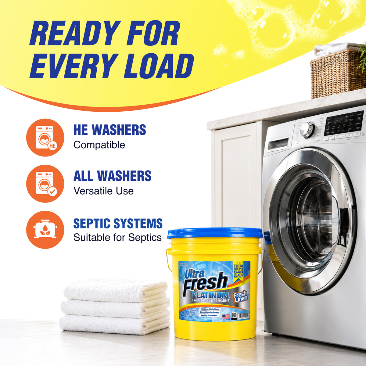 Ultra Fresh Platinum 5 Gal Laundry Detergent, Up to 640 Loads, Fresh Linen Scent