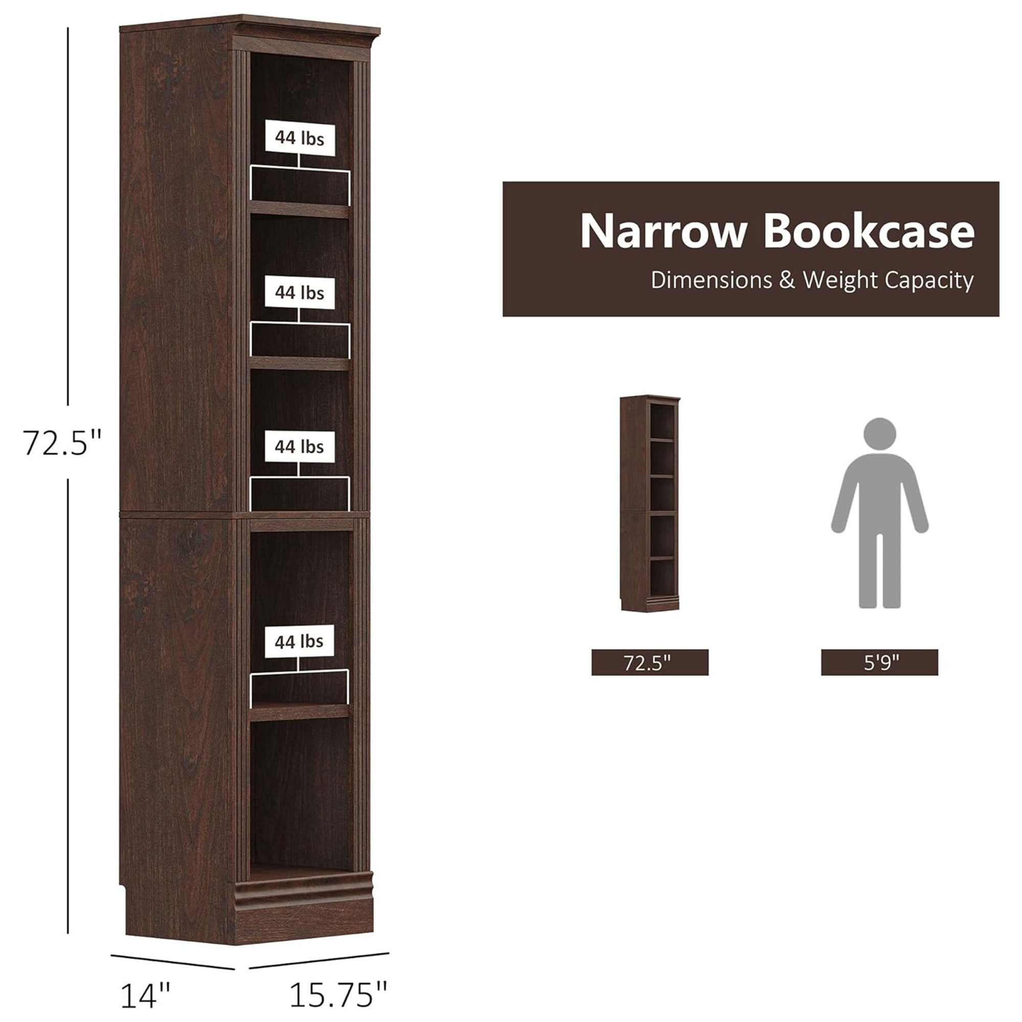VAUXHILL & CO. Halston Narrow Bookcase, Adjustable Open Shelving Unit, Cherry