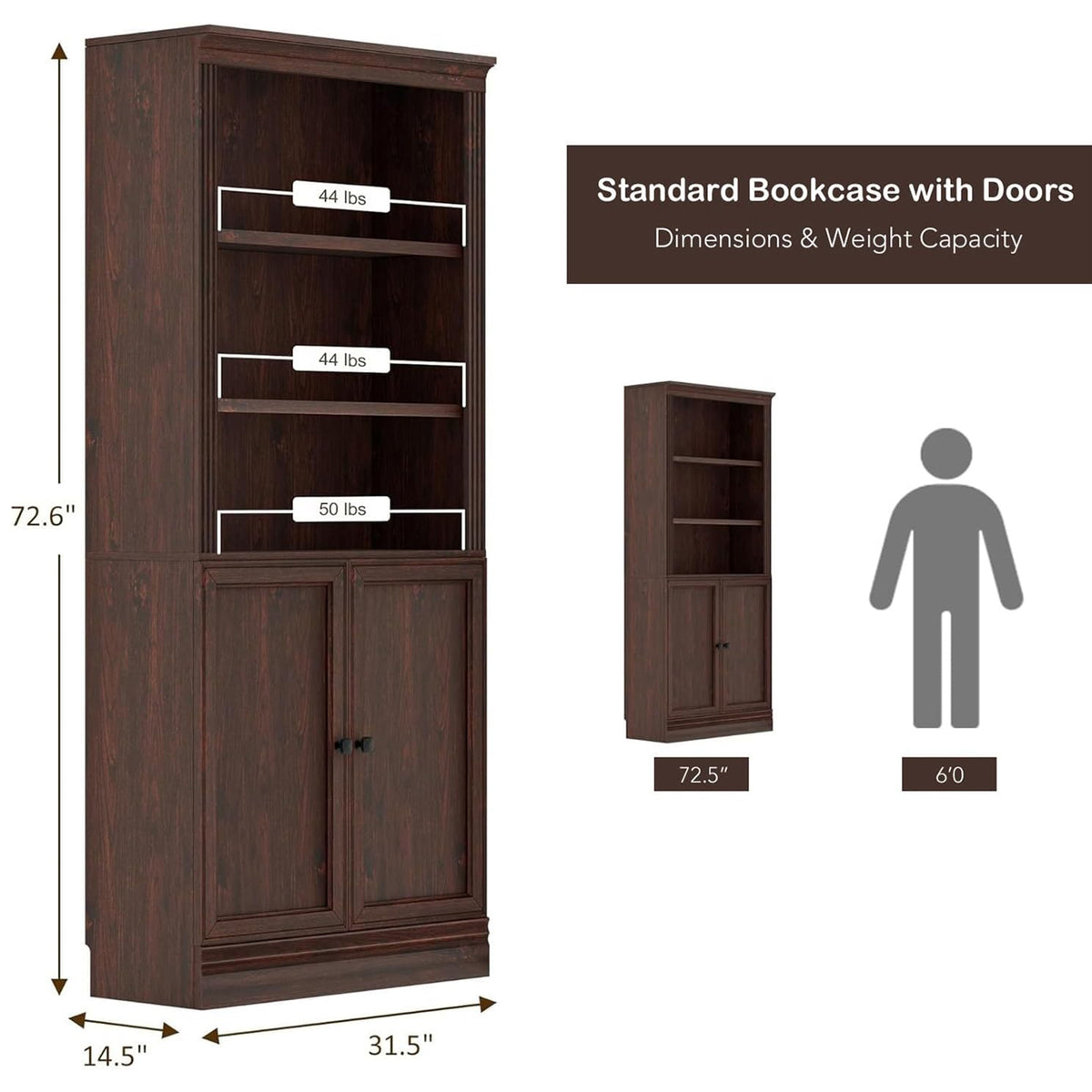 VAUXHILL & CO. Halston Standard Bookcase, Doors, Adjustable Shelf Unit, Cherry - VMInnovations