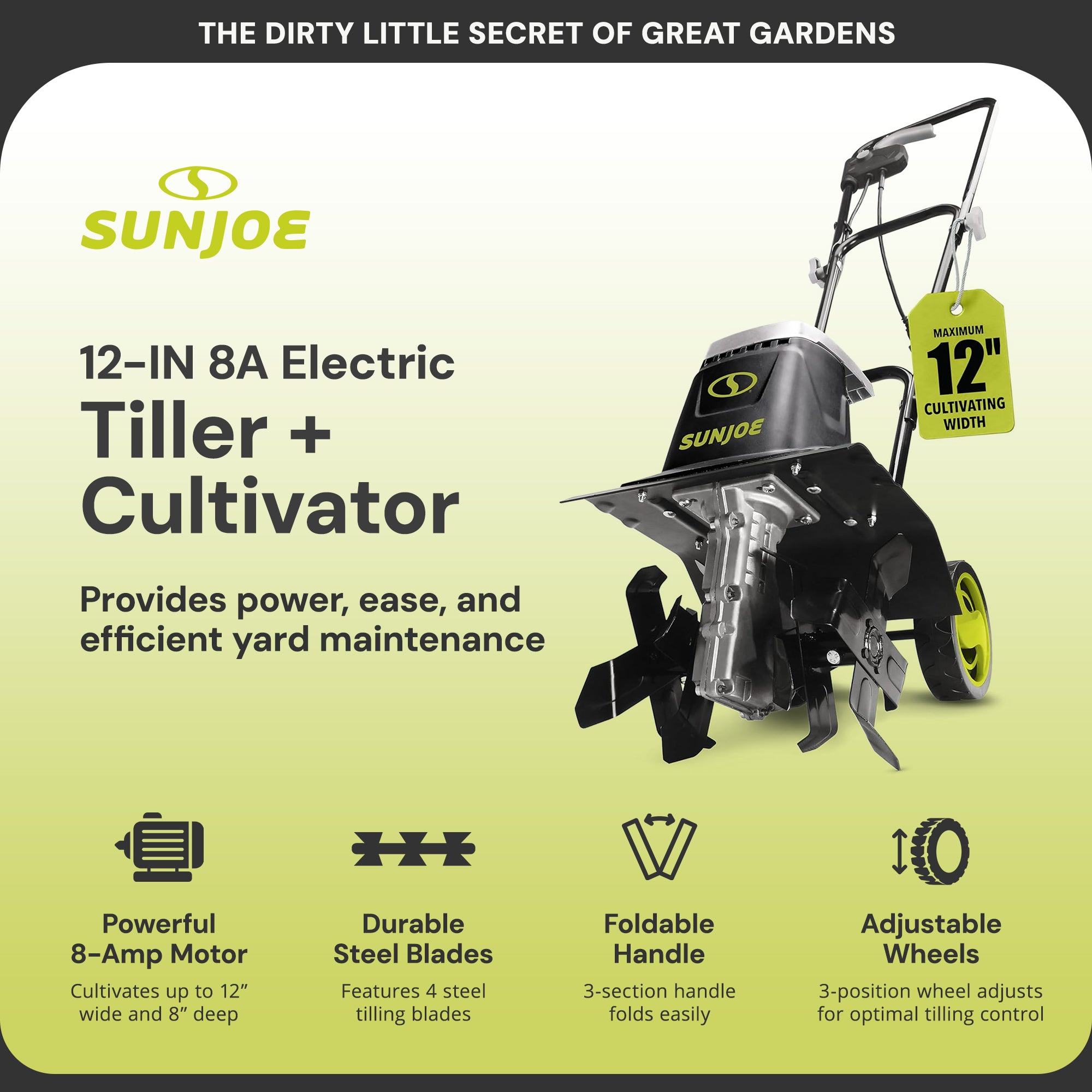 Sun Joe Electric Tiller/Cultivator, 3 Position Height Adjustment (Open Box)